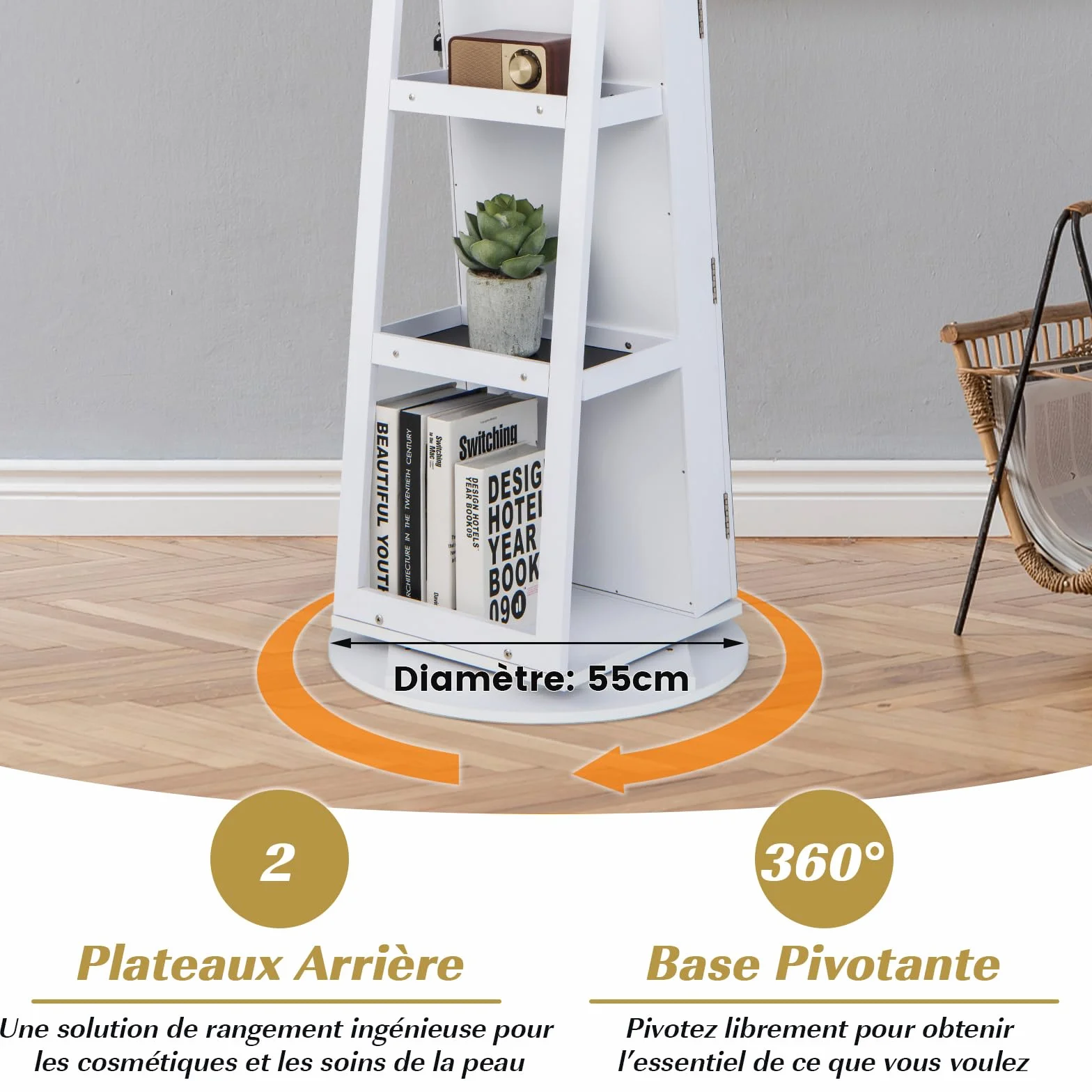 GOPLUS Armoire à Bijoux avec Miroir sur Pied, Rotative 360° Lumière LED 3 Couleurs, Verrouillable, Blanc