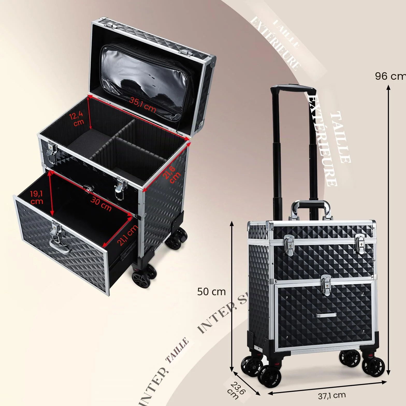 Valise Maquillage Professionnelle avec Roulettes et Casiers, Noir
