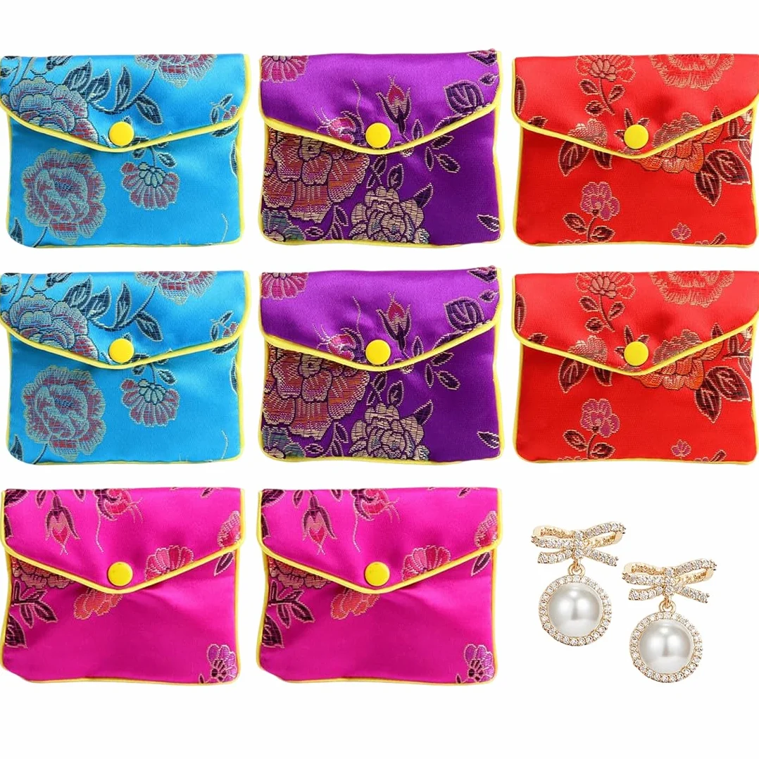 WeddHuis Lot de 8 Pochette Cadeau Bijoux en Soie Brocart Voyage Femmes Petit Sac Tissu Monnaie 8 x 10 cm