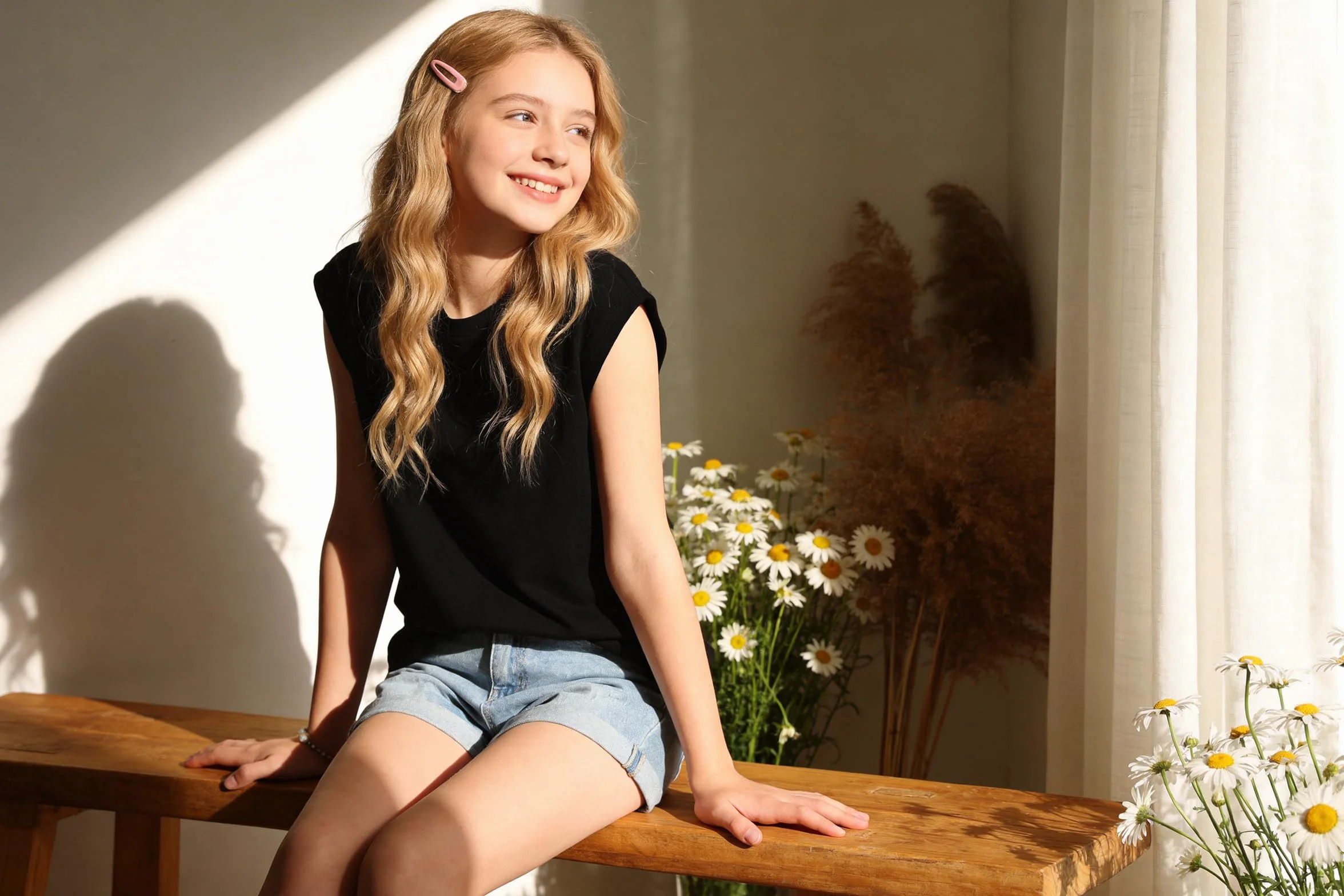 T-Shirt Fille Manches Courtes pour Enfants Col Rond Été 6-14 Ans