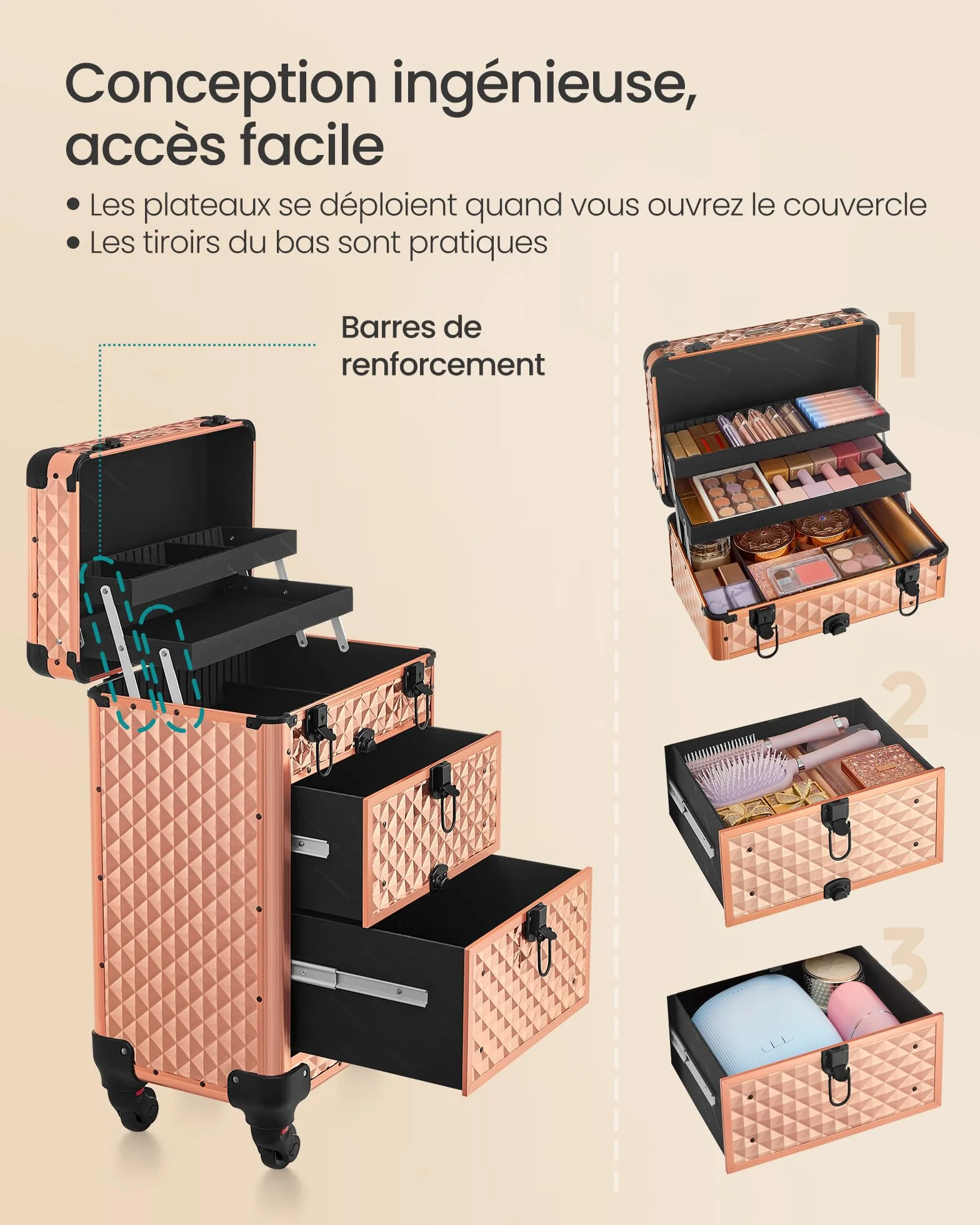SONGMICS Valise de Maquillage Professionnel, 2 Tiroirs, 34 x 24 x 56 cm, Roulette 360°, Doré Champagne