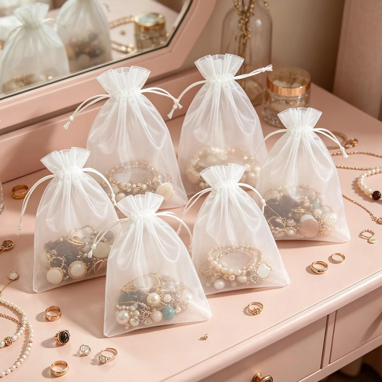Sachet Organza Blanc 7x9cm 100 pièces - Pochon Transparent Avec Cordon Pour Bijoux Mariage Cadeaux