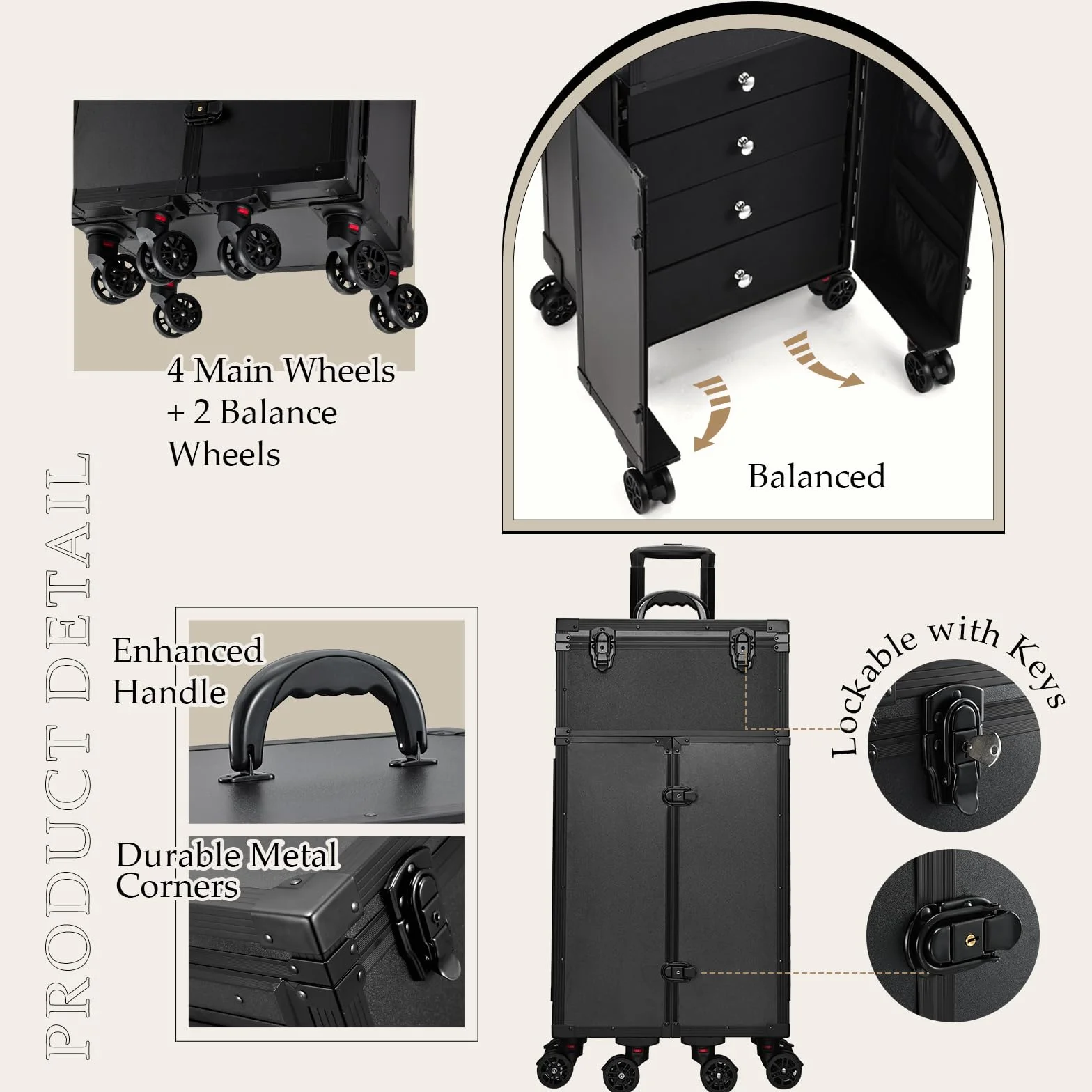 Valise de Maquillage Professionnel 6 Roues - Station Portable Trolley Noir Profond