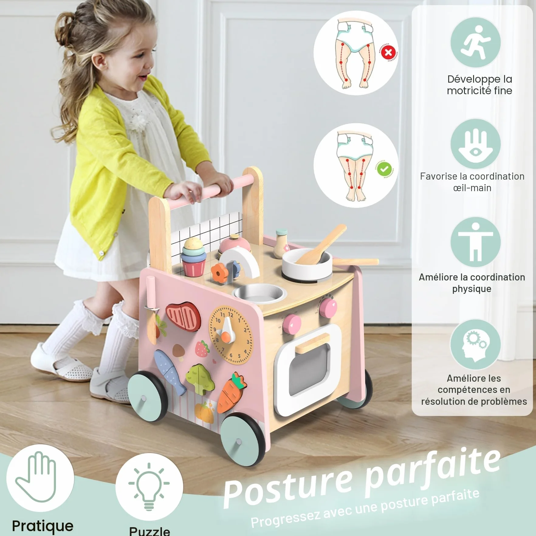Trotteur Bébé en Bois 9 en 1 Chariot de Marche avec Jouets Montessori et Cuisine de Jeu