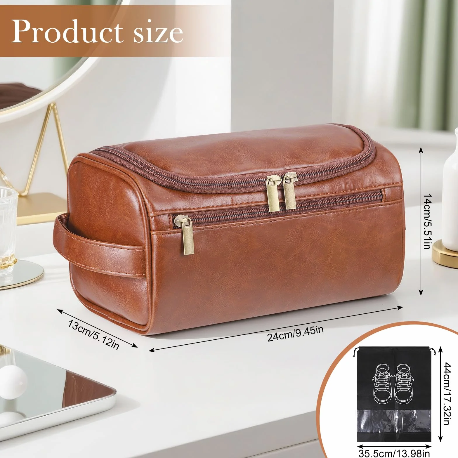 Zocipro Trousse de Toilette Homme Cuir PU Grand Sac Voyage 3 Compartiments Crochet Poignée