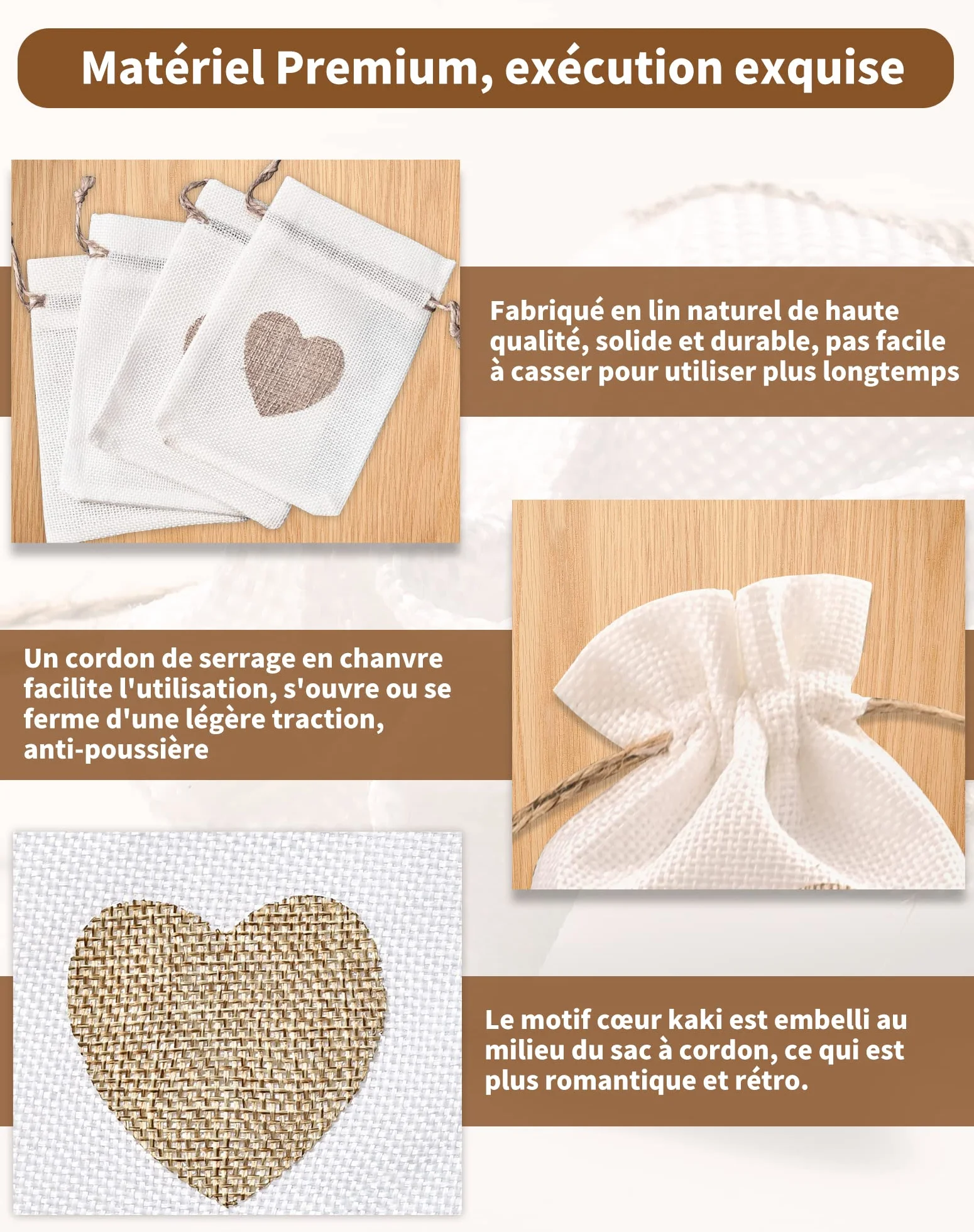 Sachet Tissu en Jute 10 x 14cm Petite Pochette Motif de Coeur Pochon bijoux Mariage lavande Baptêmes Noël faveur