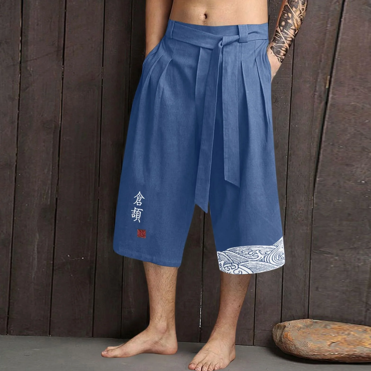 Pantalon Japonais Homme 3/4 Baggy Lin Taro avec Cordon de Serrage Pantacourt Style Japonais