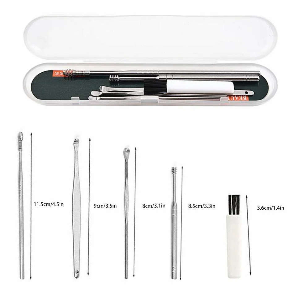 Nettoyeur D'oreille, 6 Pcs Cuillère à Oreille en Acier Inoxydable, Kit de Nettoyeur D'oreilles