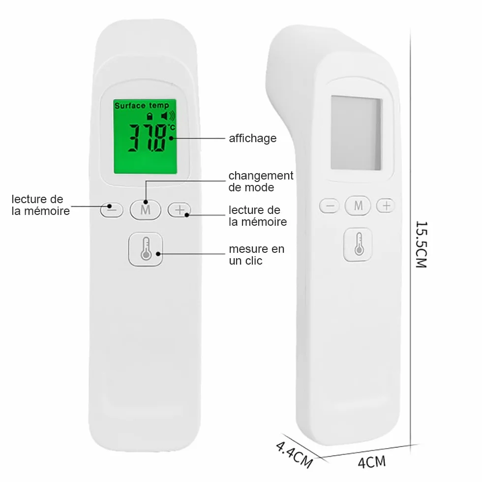 Thermomètre Frontal Infrarouge sans Contact Bébé Adultes, Écran LCD, 32 Groupes de Données °C/°F