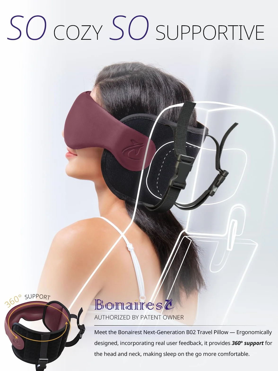 Oreiller de Voyage Cervical avec Masque 3D, Soutien de Tête 360°, Rouge