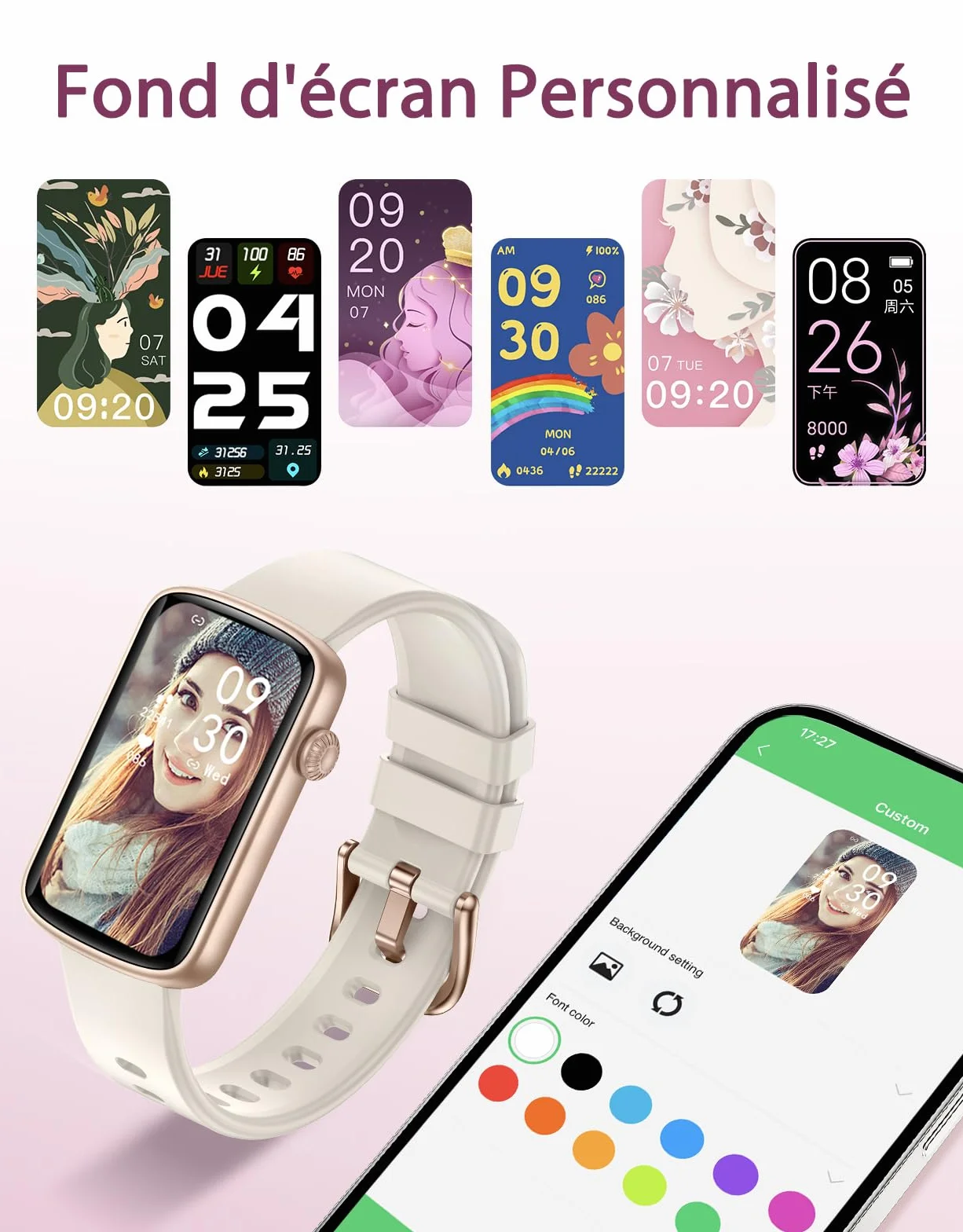 Montre Connectée Femme Petite Taille Bracelet Connecté Bluetooth 5.4 AMOLED 1,47" 30 Jours Autonomie Podomètre Cardiofréquencemètre Sommeil SpO2 Étanche 5ATM Android iOS