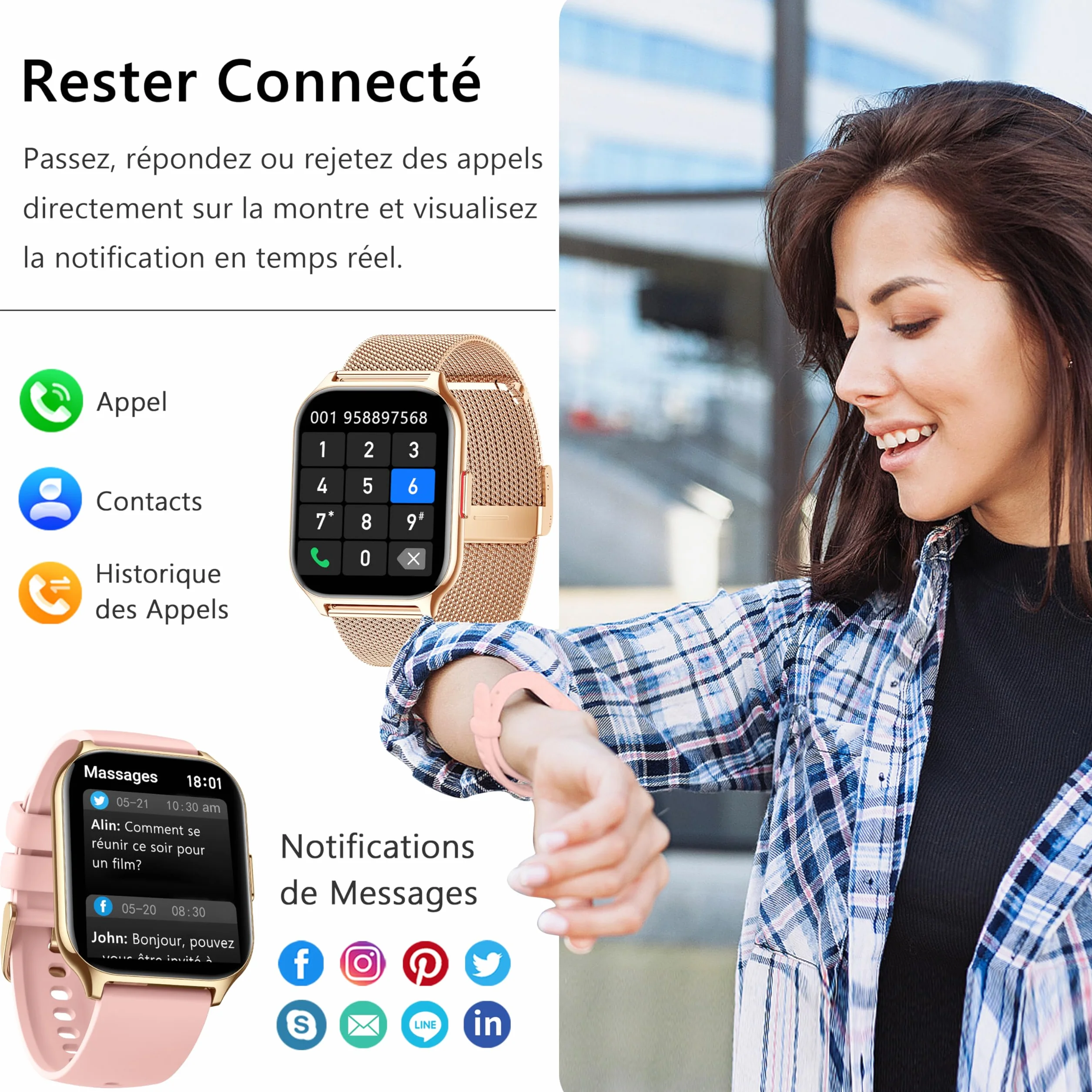 Montre Connectée Femme Homme avec Appel Bluetooth 2,0" HD Smartwatch 100+ Sportifs Moniteur de Sommeil Cardiofréquencemètre Tension Artérielle SpO2 Montre Podometre pour iOS Android