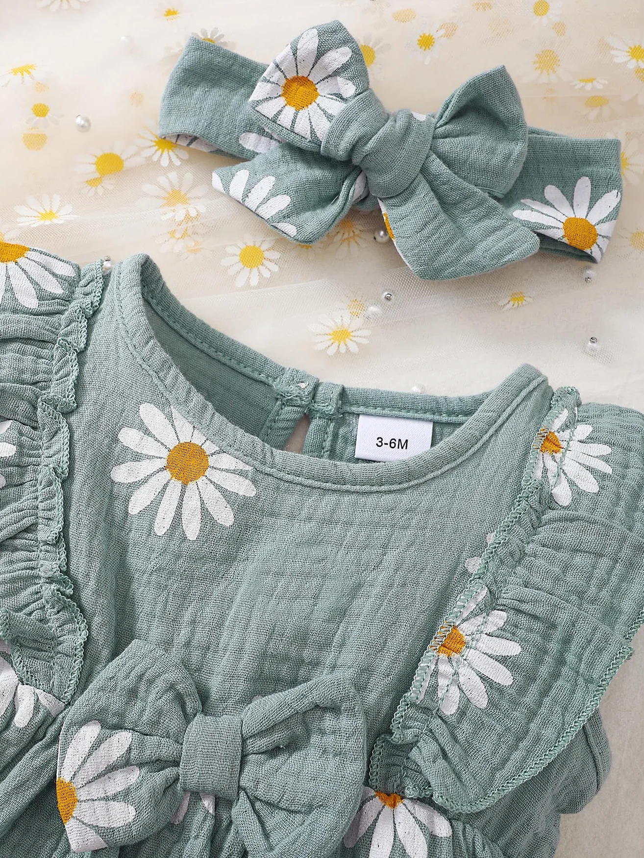Robe D'été Bébé Fille Nouveau-né Motif Marguerite avec Bandeau