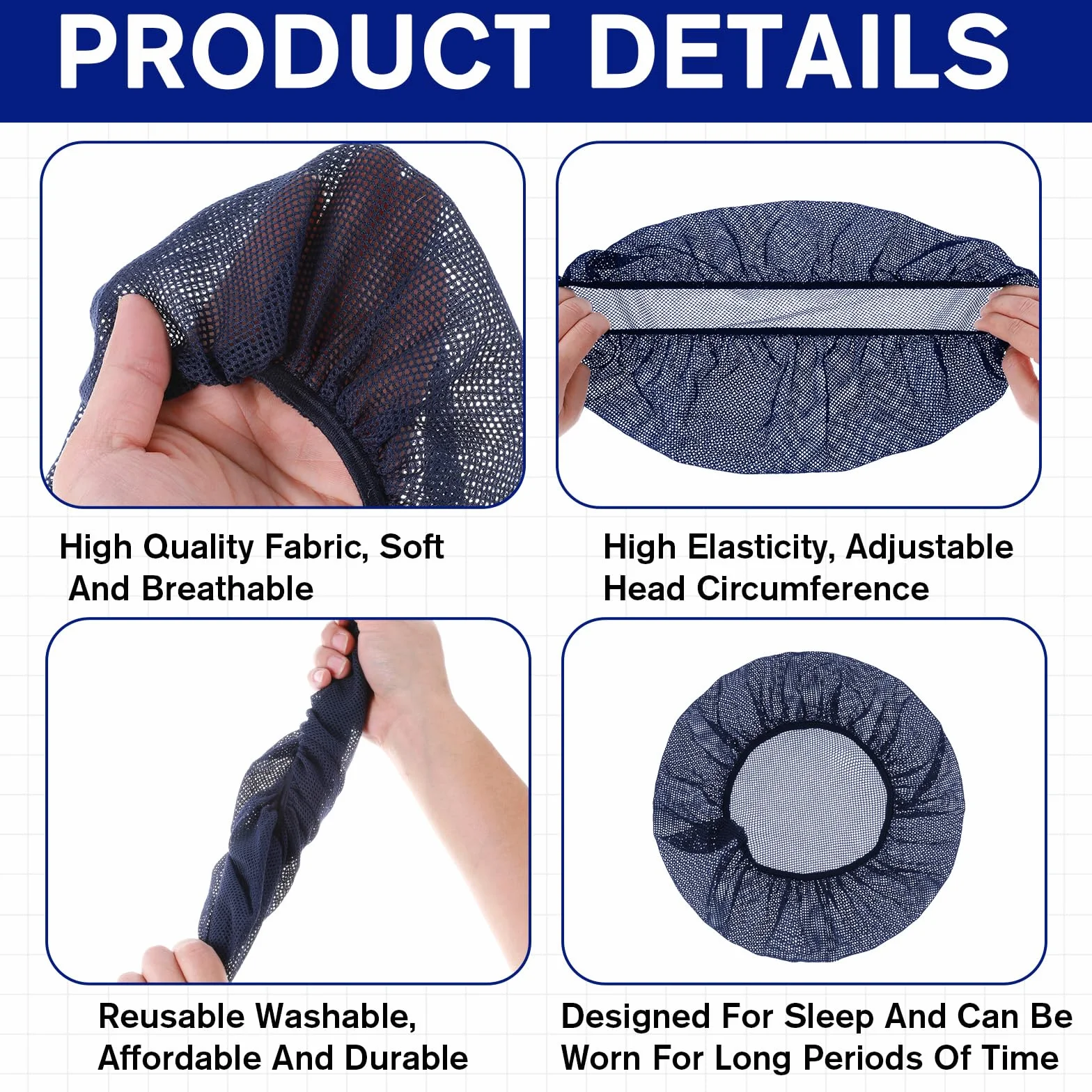 simarro Lot de 6 filets à cheveux élastiques pour dormir, bonnet de cuisine, bleu marine, taille élastique 44-86 cm