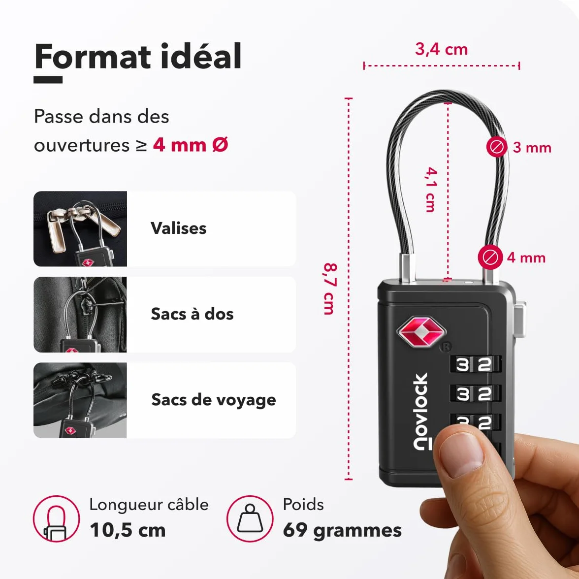 Cadenas TSA 4 chiffres Indicateur d'Ouverture Lot de 2 Noir pour Valise Bagage Cabine