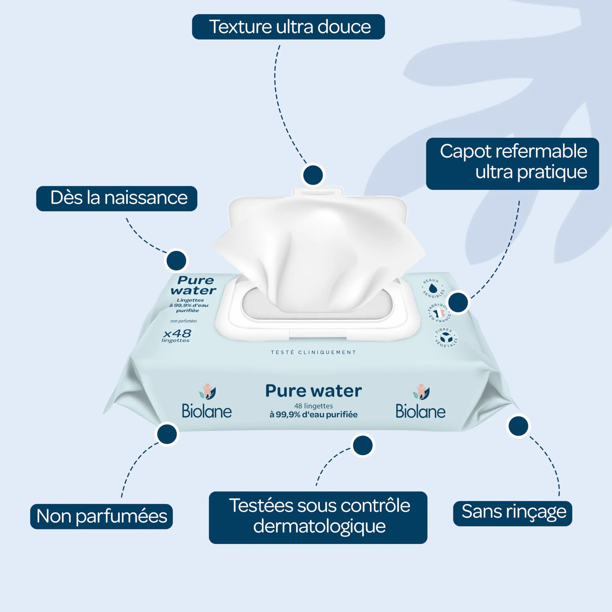 BIOLANE Lingettes bébé nettoyantes Pure Water 144 Lingettes Lot de 3x48 Eau Purifiée Peaux Sensibles