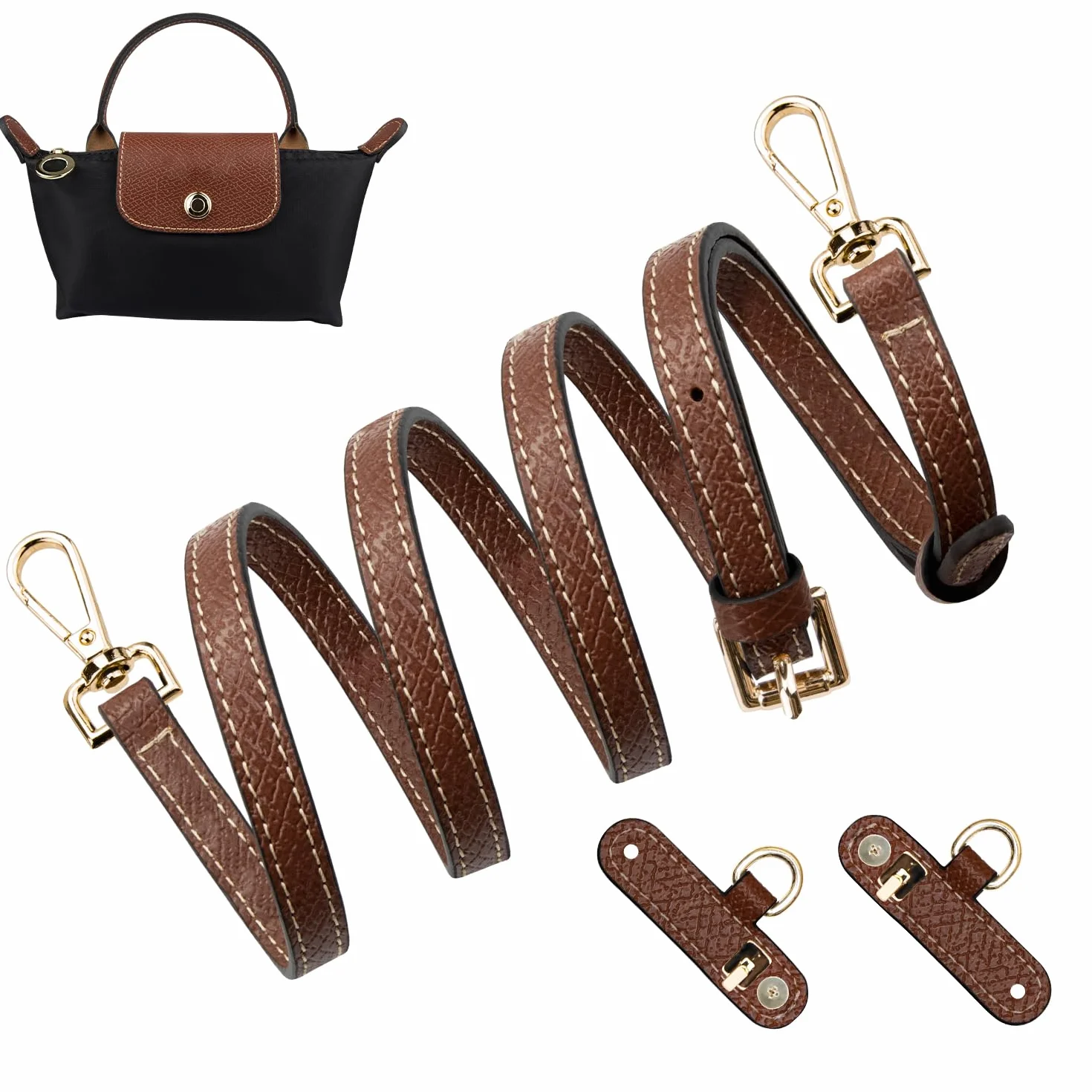 SOPROM Bandoulière pour Longchamp Mini Sac, Lanière Strap Long Champ Le Pliage Bag 1.1cm Brun&Or