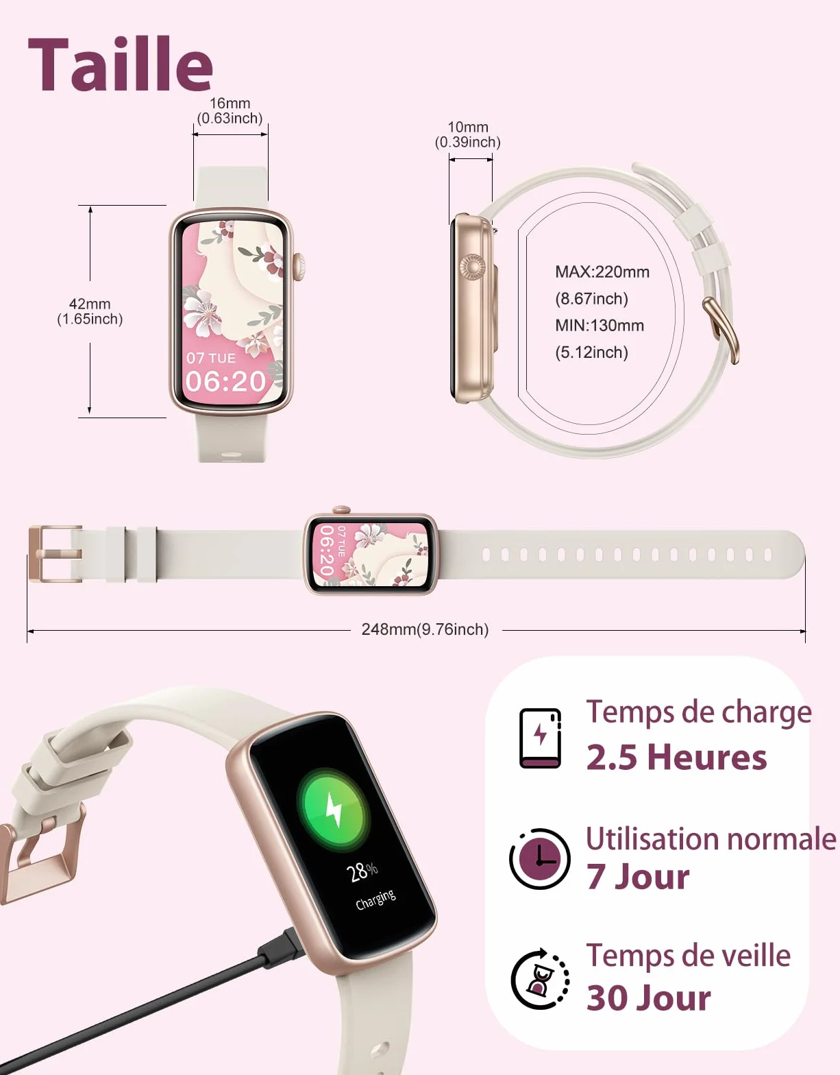 Montre Connectée Femme Petite Taille Bracelet Connecté Bluetooth 5.4 AMOLED 1,47" 30 Jours Autonomie Podomètre Cardiofréquencemètre Sommeil SpO2 Étanche 5ATM Android iOS