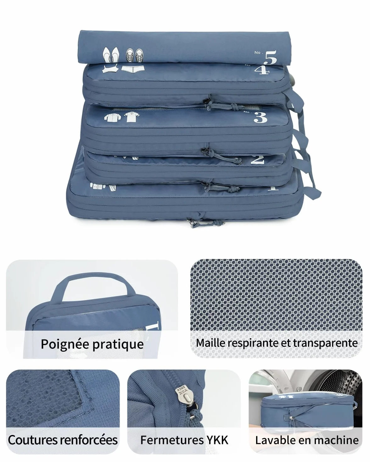 ECOHUB Organisateur Valise Cabine Rangement Packing Cubes Kit Voyage Bleu pur