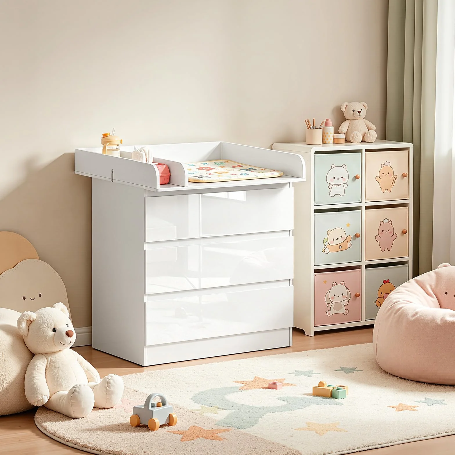 WOLTU Table à Langer Commode 3 Tiroirs Meuble Bébé Bois d'Ingénierie Blanc Brillant 40x80x78cm