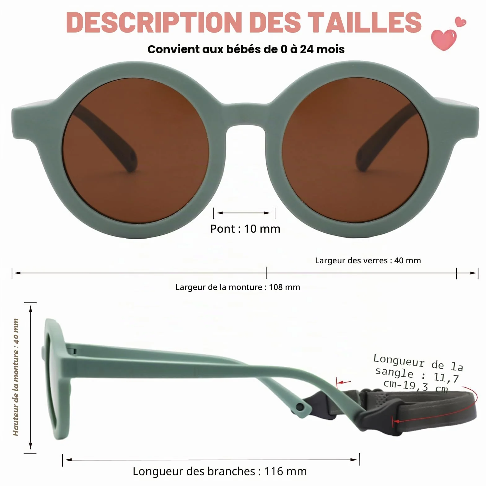 Lunettes Soleil Bébé Polarisées UV400 0-36 Mois Cadre Silicone Ronde Enfant