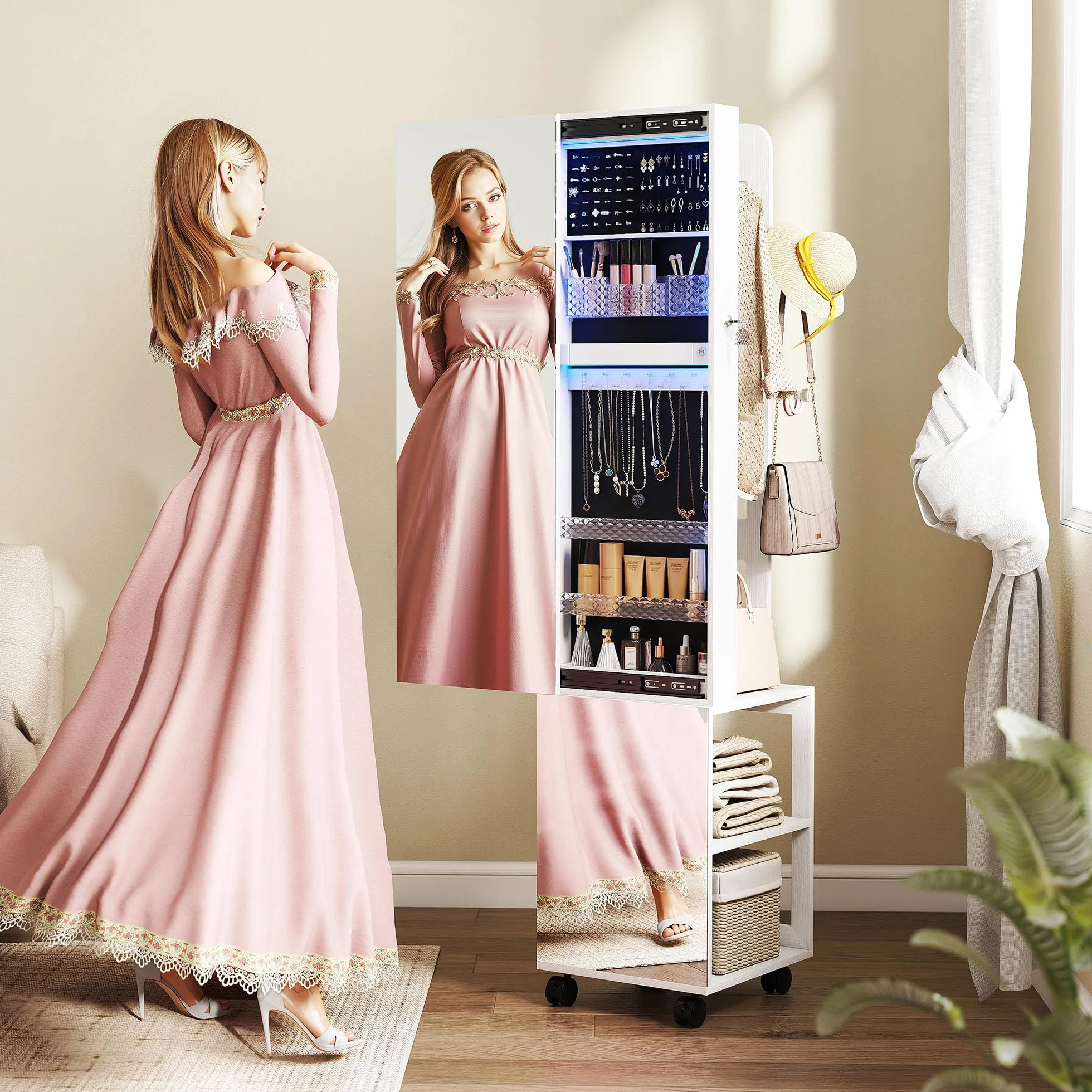 HOMCOM Armoire à bijoux pivotante 360° avec miroir LED, organisateur verrouillable, blanc