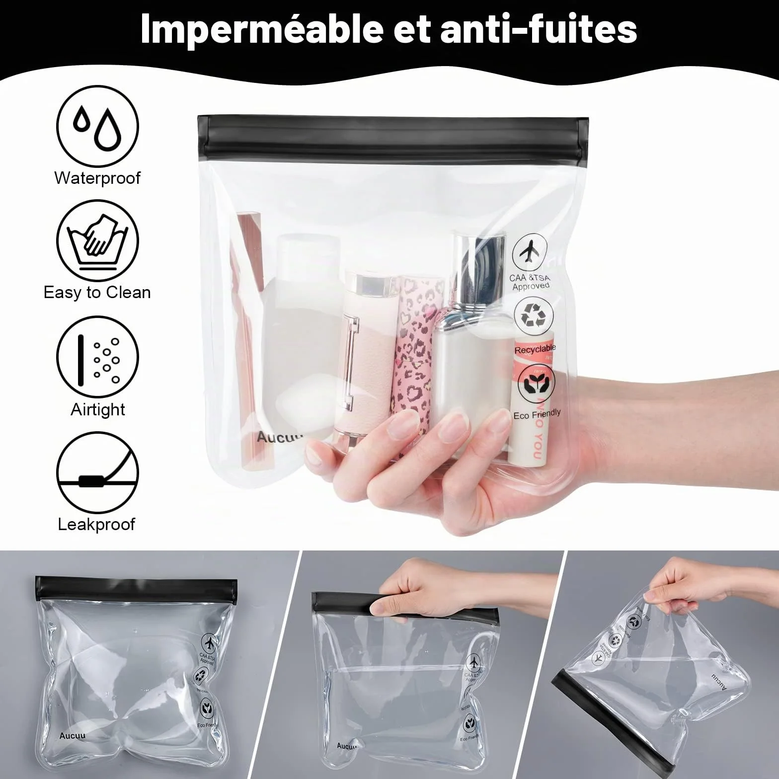 Lot de 4 Trousse de Toilette Transparente Femme 20x20cm Kit Voyage Avion Cabine Sac à Liquide 1L