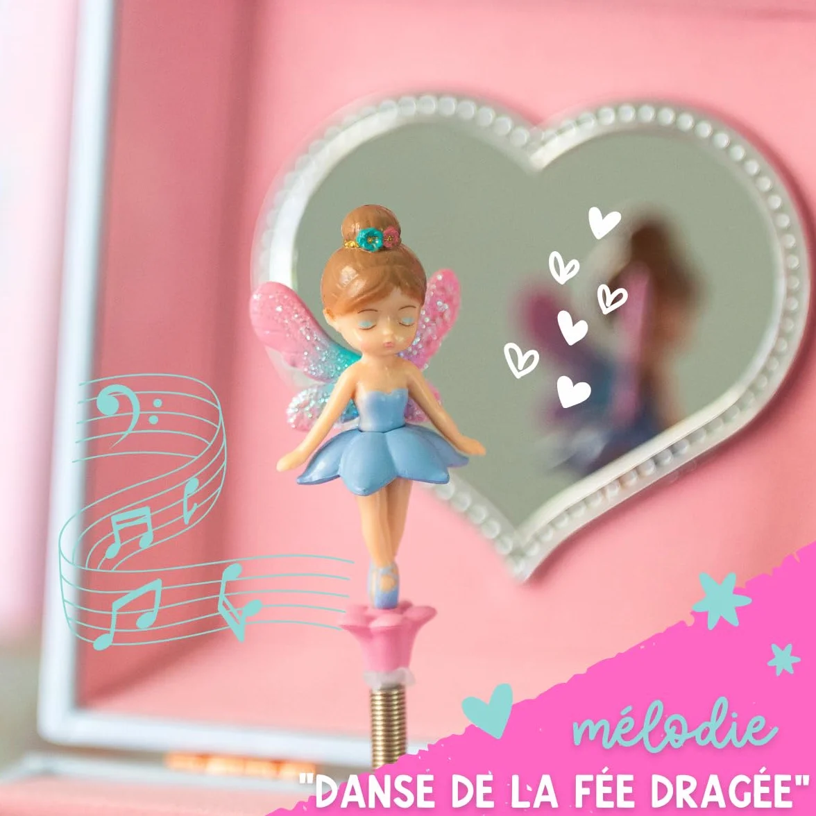 Boîte à Bijoux Musicale pour Filles avec Miroir, Cadeau Princesse 3-10 ans, Rose