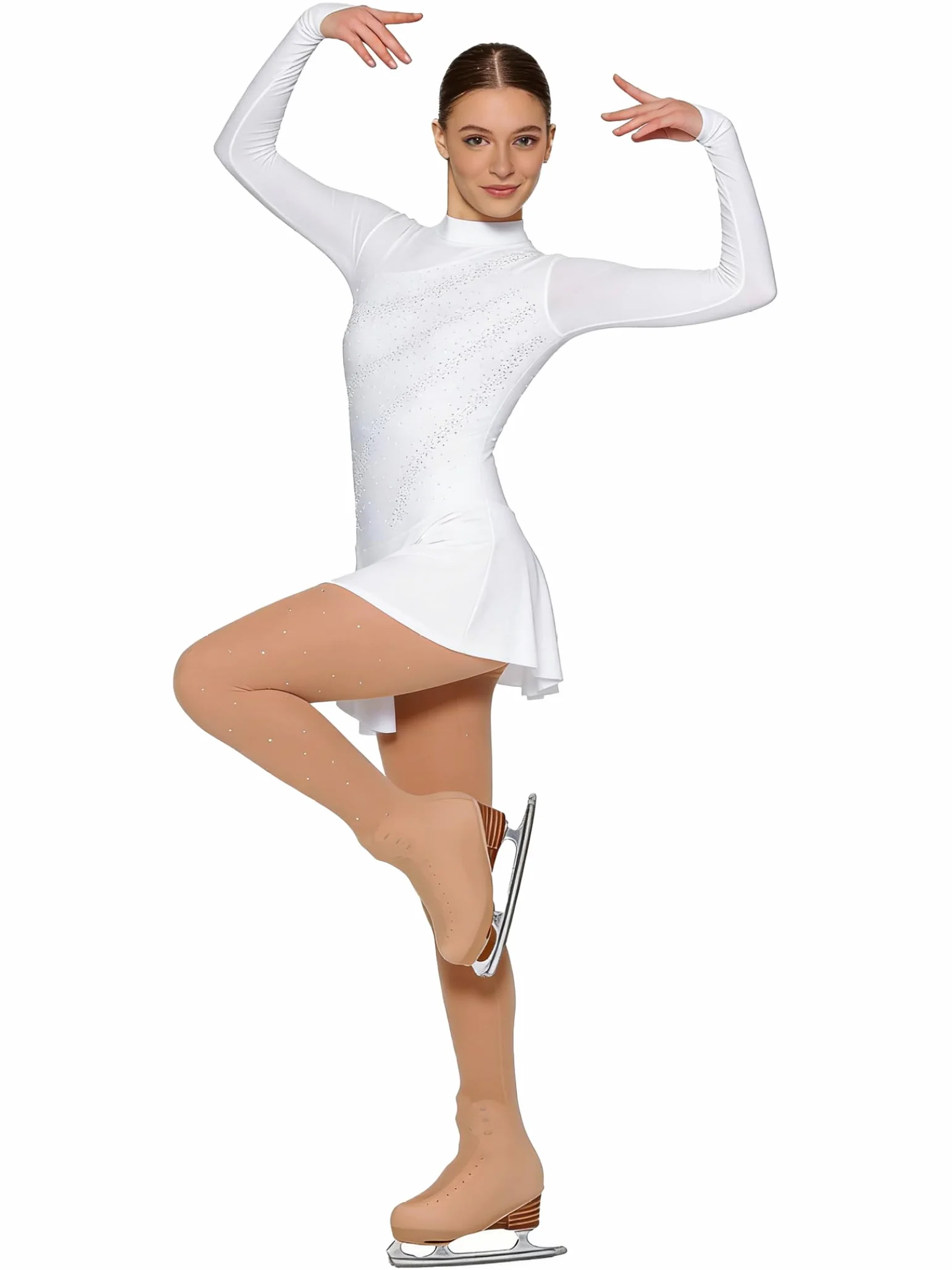 Justaucorps Patinage Artistique Femme Manches Longues Strass avec Collant Patin à Glace Roller