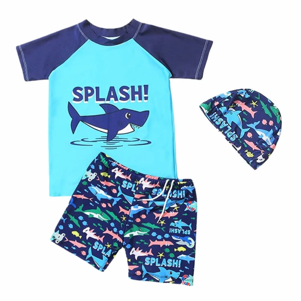 Maillot de Bain Bébé Garçon 3 pièces Anti UV Combinaison T-Shirt Shorts Bonnet FedMois