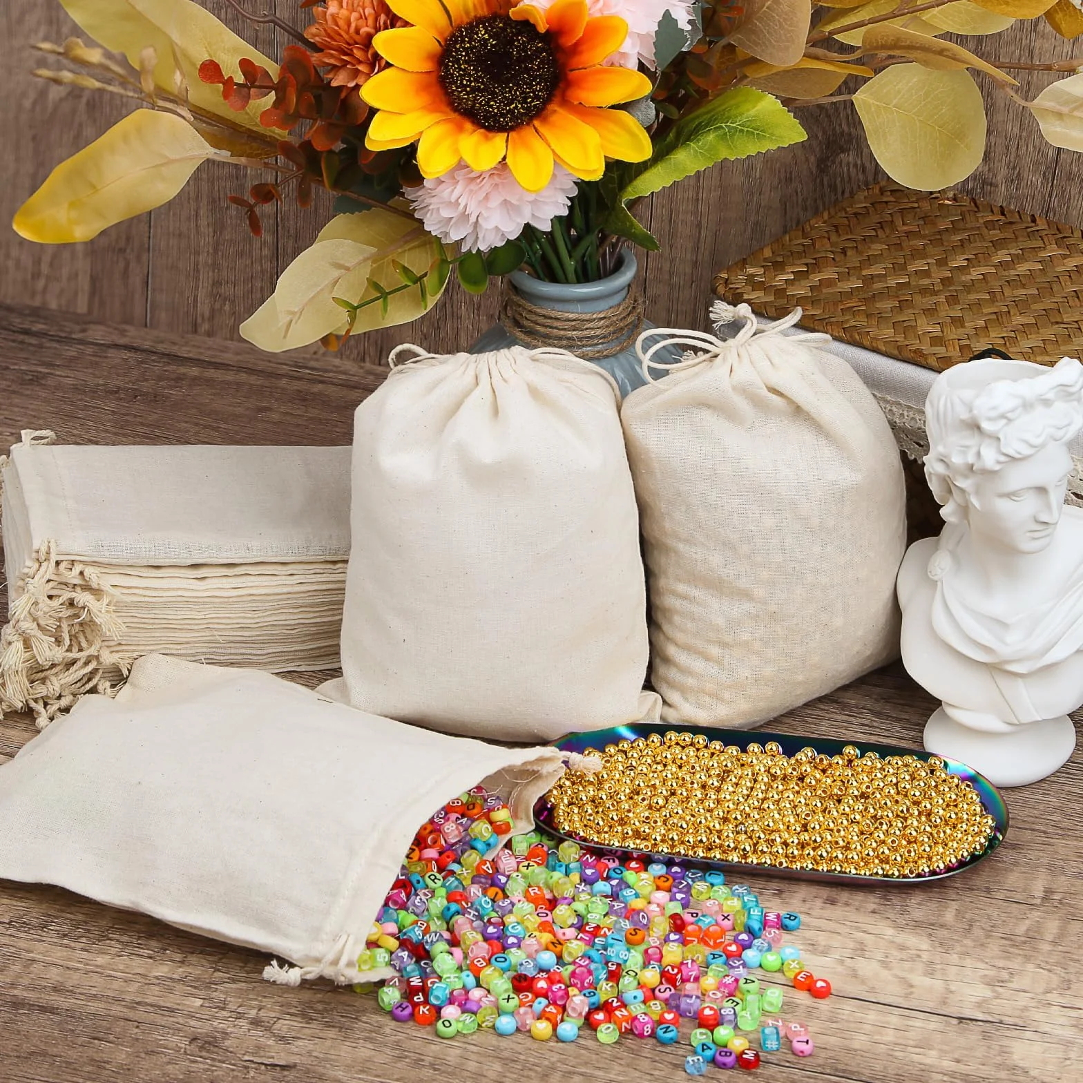 Pochon Tissu Coton 20x15cm 15 Pièces Sacs en Lin avec Cordon Reutilisable pour Cadeau DIY