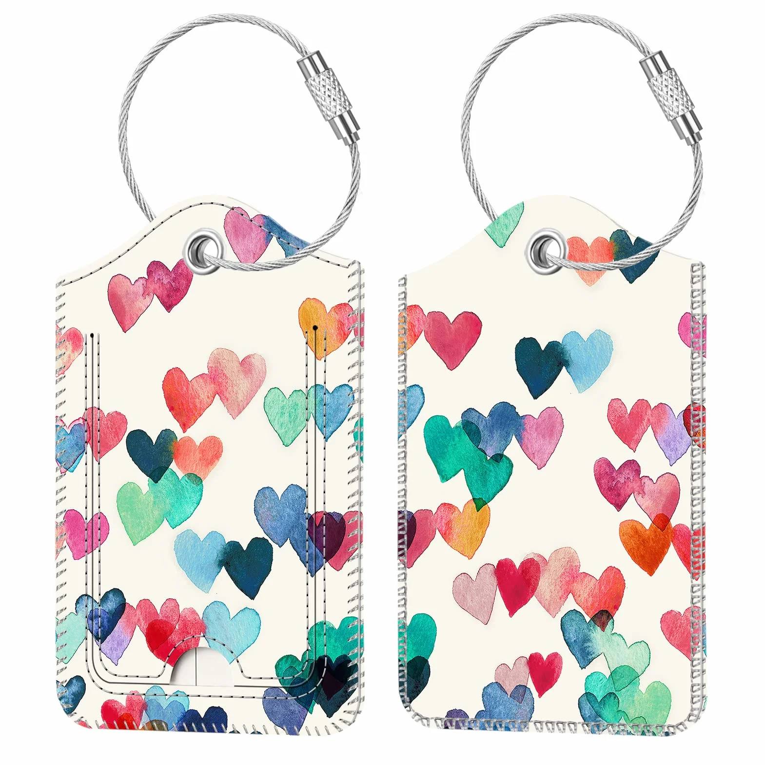 FINTIE Étiquette de Bagage en Simili Cuir Lot de 2 avec Câble en Acier Inoxydable pour Valise de Voyage Cœurs Pluie