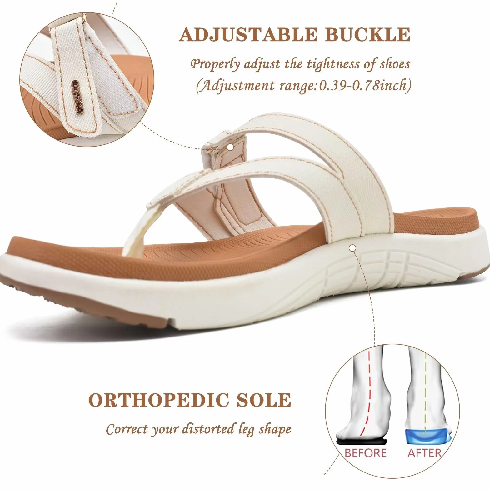 COFACE Tongs Femme Orthopédique Cuir Antidérapante Caoutchouc Semelle