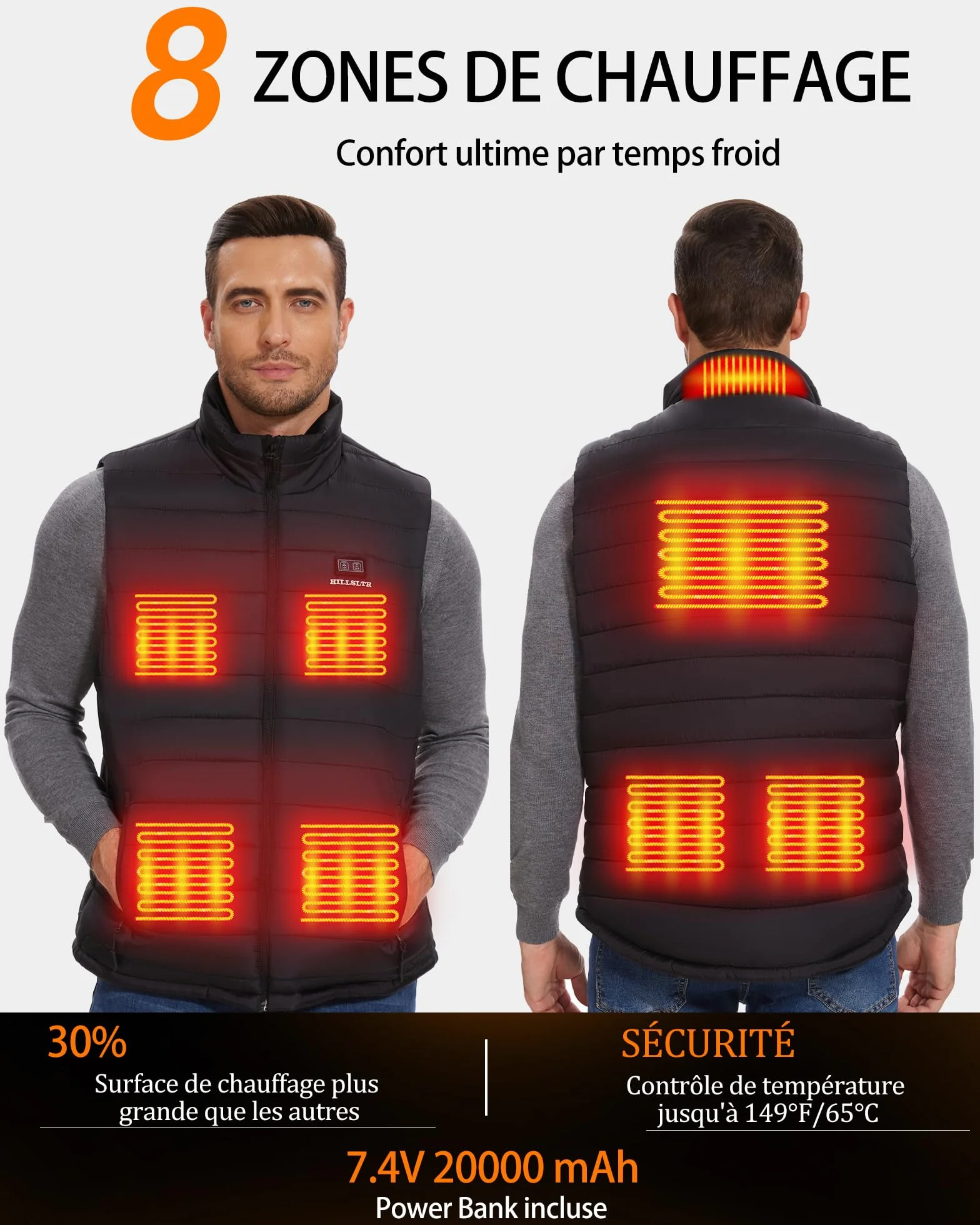 Gilet Chauffant Homme 20000mAh 7.4V 8 Zones de Chauffage 3 Niveaux de Chaleur Électrique Plein Air