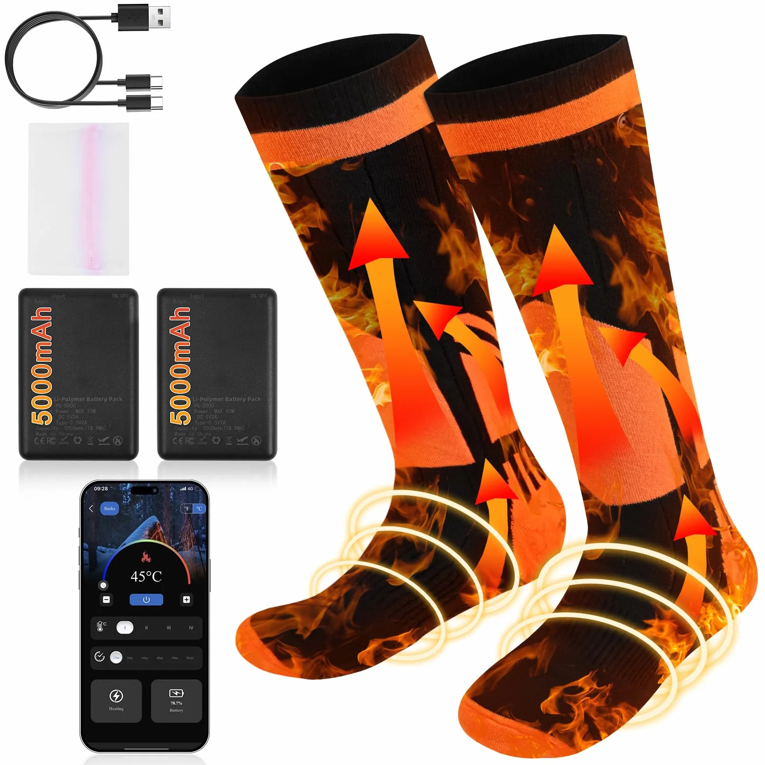 Chaussettes chauffantes rechargeables 5000 mAh homme femme ski camping télécommande application