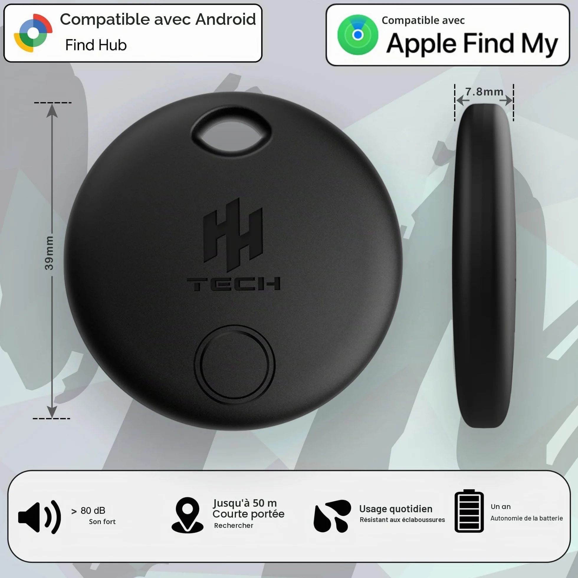 HH-Tech Lot de 4 étiquettes de suivi intelligent double système pour Apple Android, batterie remplaçable