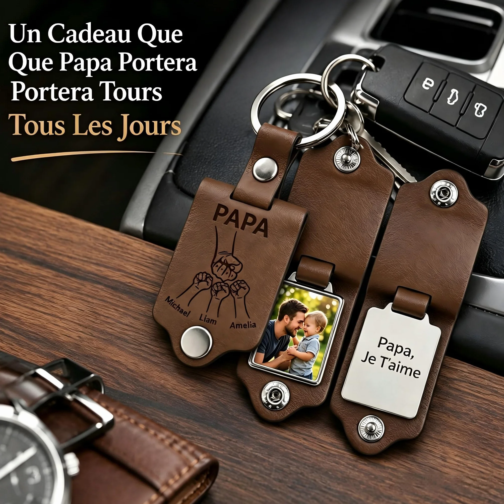 Porte-Clés Personnalisé avec Photo et Texte Gravé Double Face