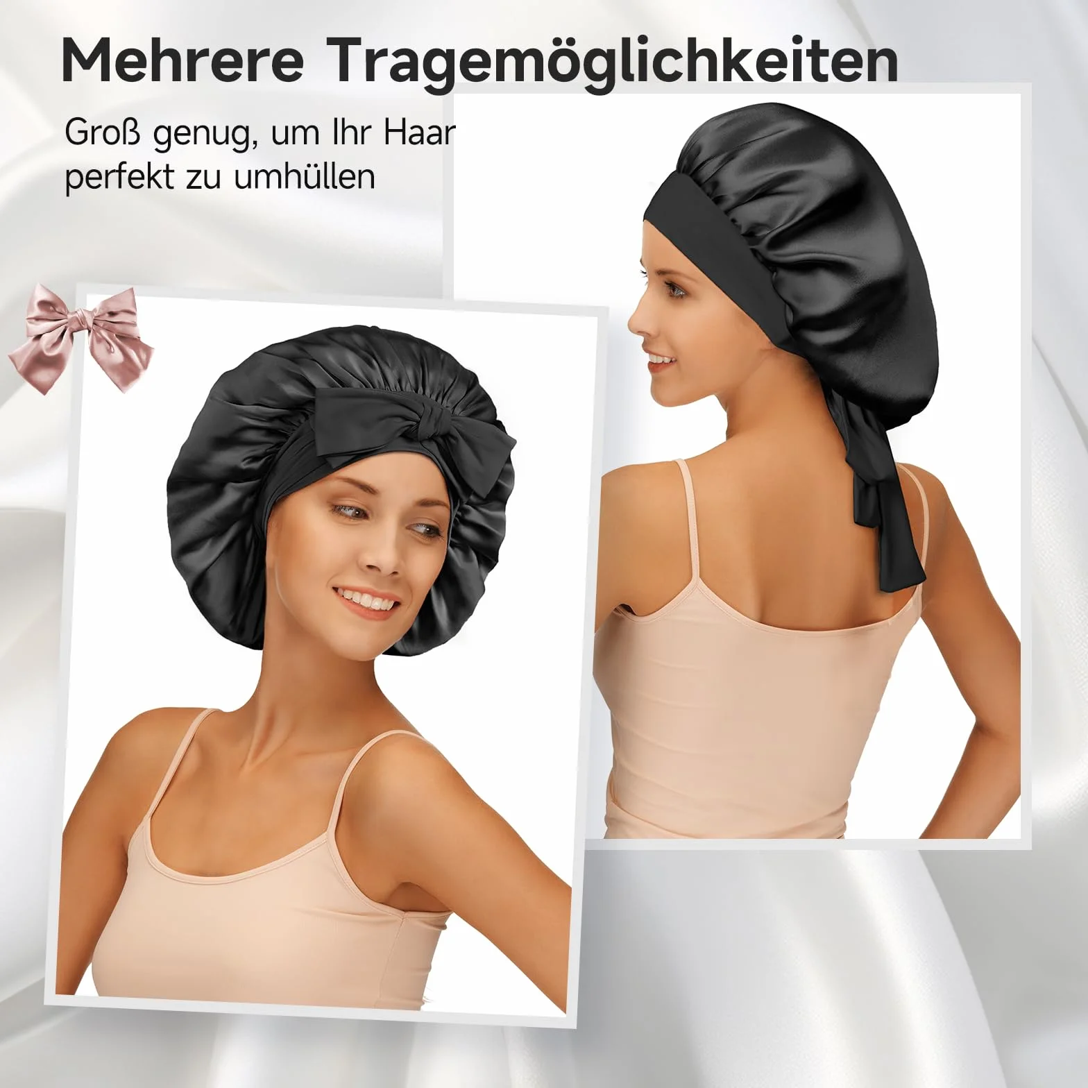 Bonnet de Nuit en Soie de Mûrier 22 Momme Umisleep, Double Couche pour Cheveux Frisés, Respirant, Large Bande Ajustable, Noir