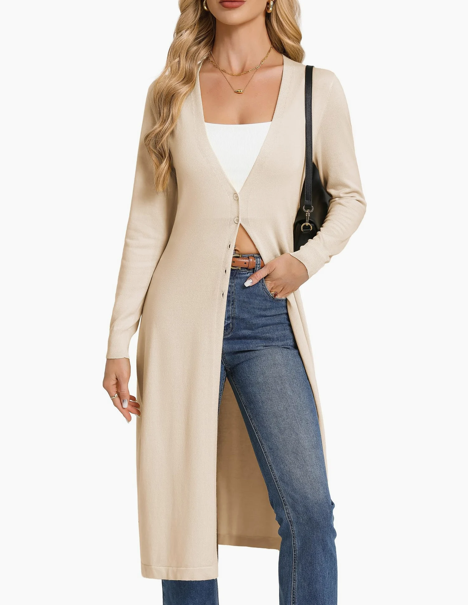 GRACE KARIN Cardigan long et léger pour femme avec col en V élégant et boutons