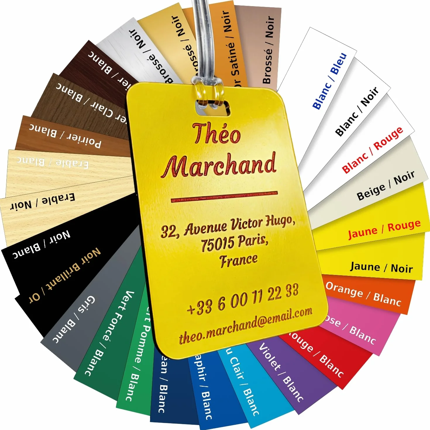 Étiquette de valise personnalisée en acrylique gravé – 27 couleurs – Résistant à l'eau et aux UV – Attache PVC incluse