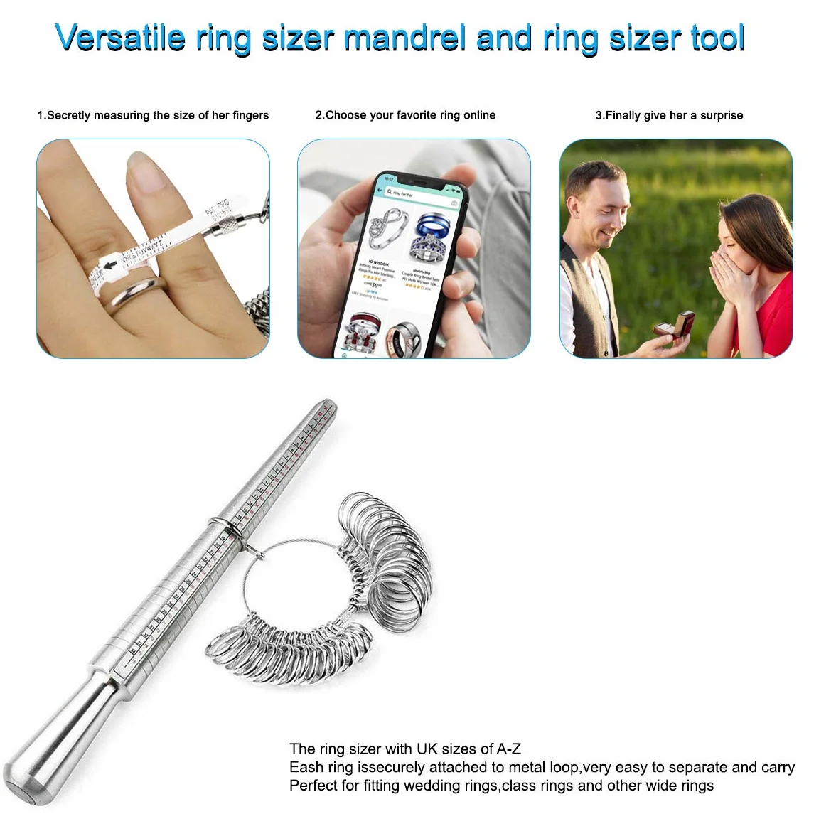 DoGeek Mesure Taille Bague Anneaux Métal Acier Plastique A-Z