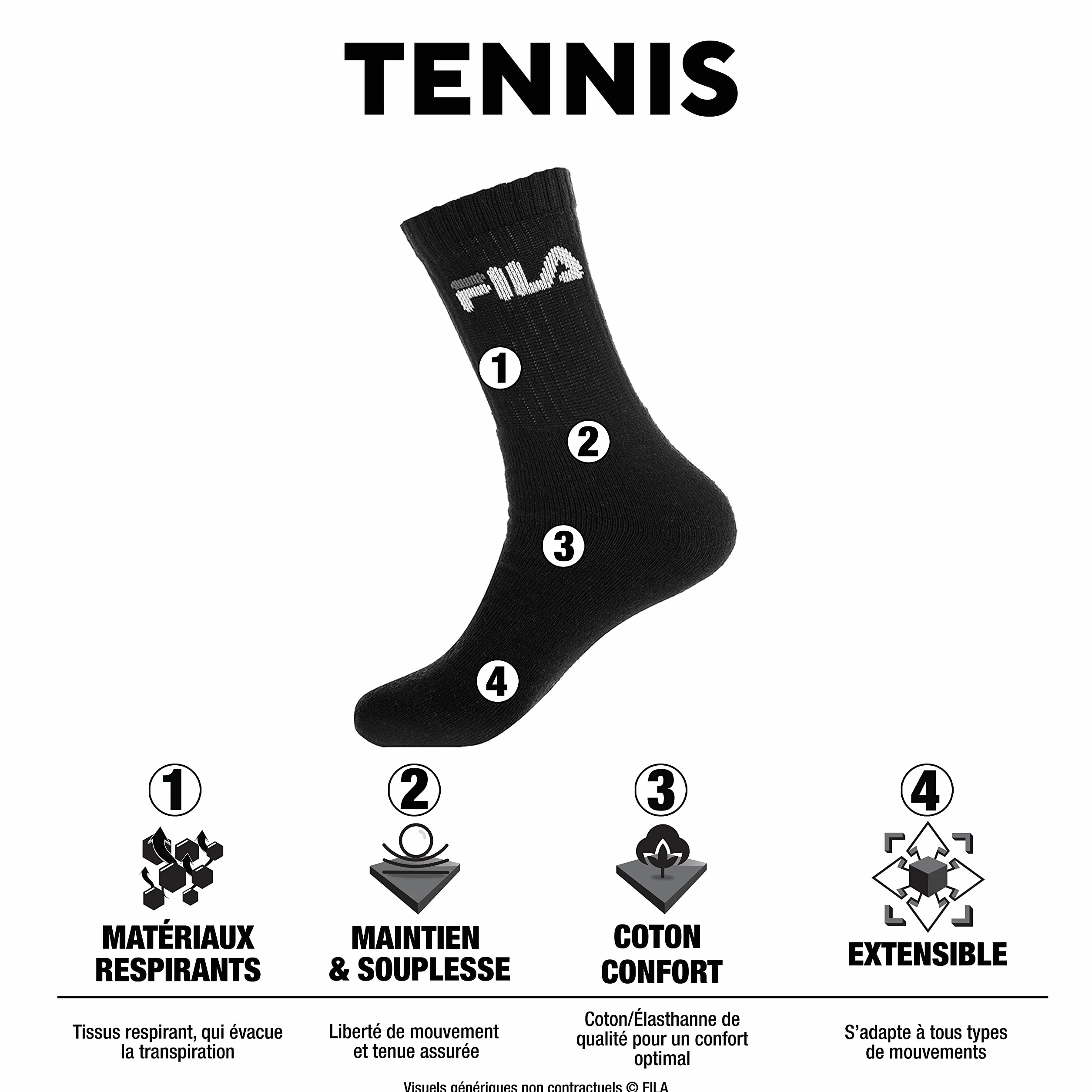 Fila Chaussettes Homme Sport Résistantes Lot de 6 Hautes Training