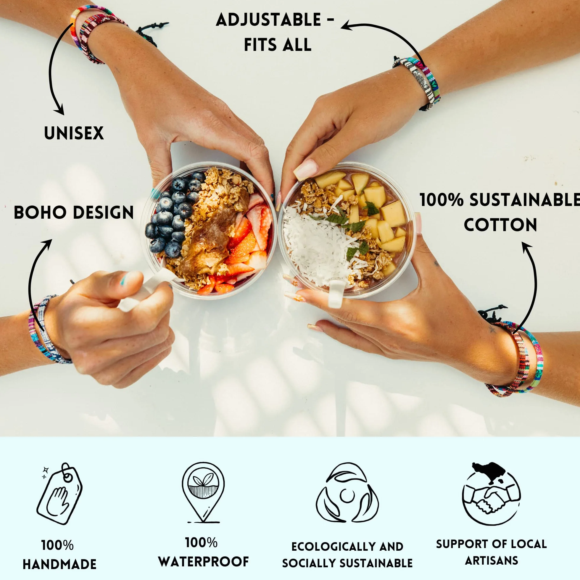 Bracelet surfeur Nami fait main pour hommes et femmes - Boho hippie - Accessoire plage festival - Coton écologique imperméable ajustable Arc-en-ciel