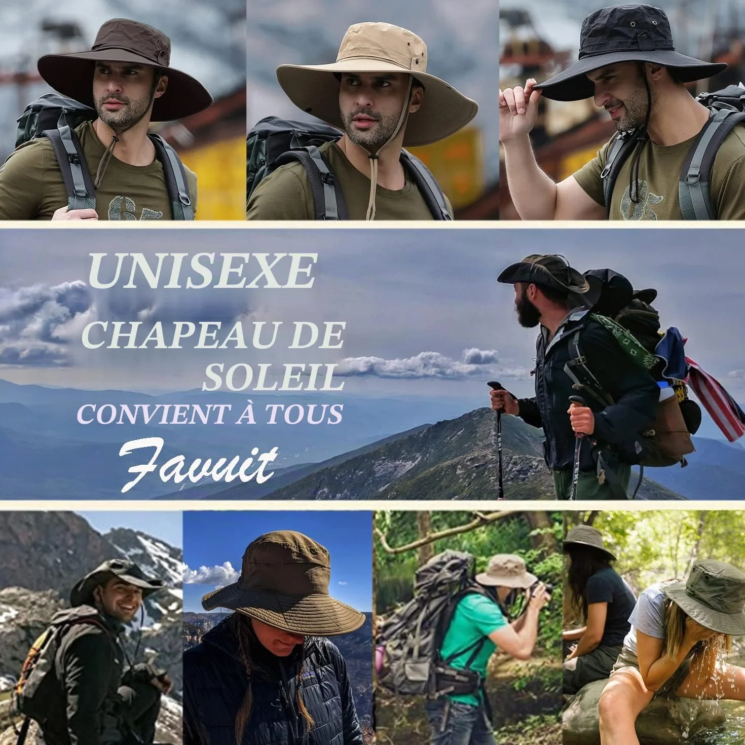 Favuit Chapeau de Protection Solaire à Large Bord Pliable Respirant pour Pêche Chasse Camping