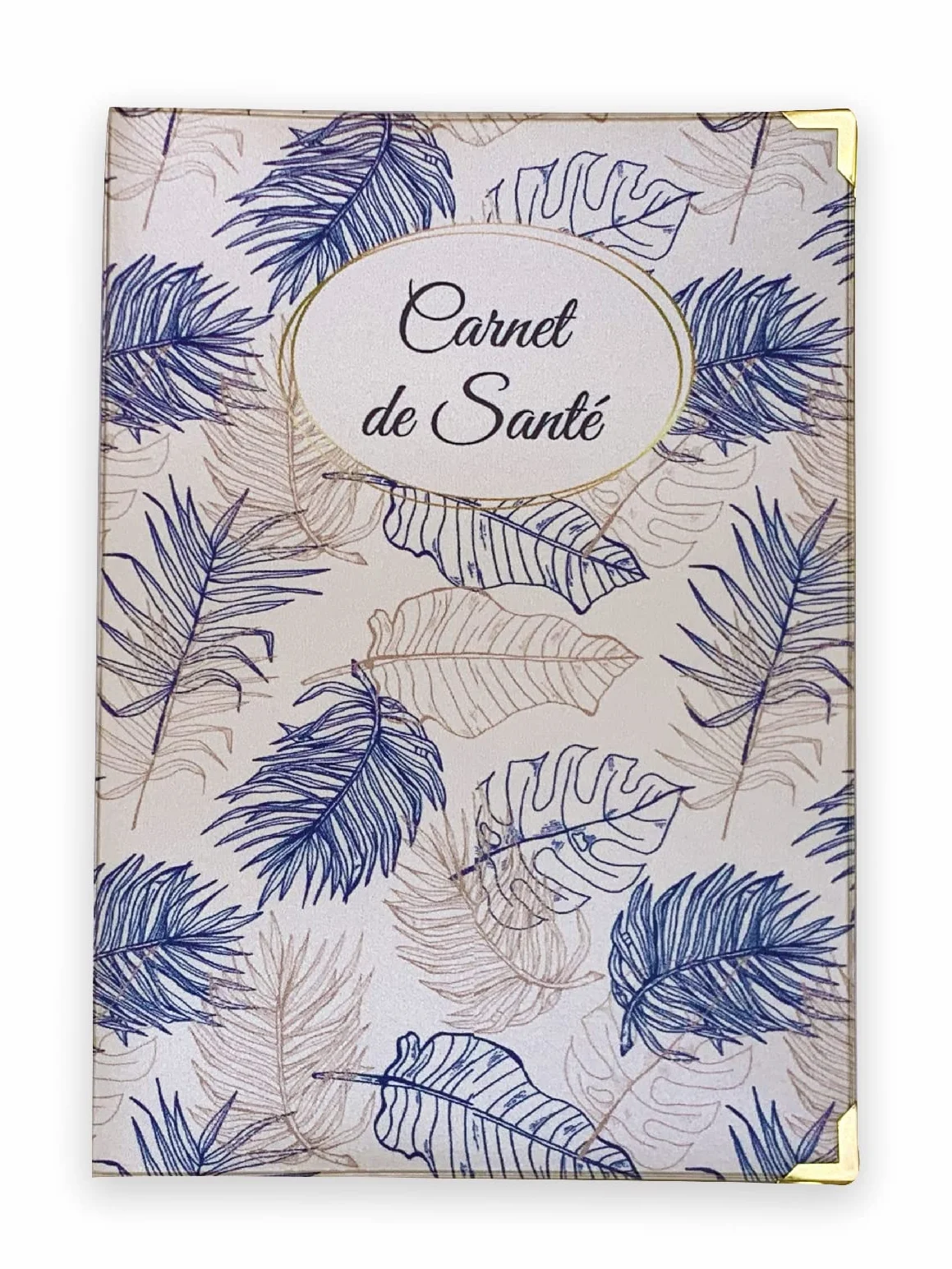 Protège Carnet de Santé en Gomme Expansée Nacrée - Étui Bébé Enfant Adulte Format Maternité Standard - Feuilles Bleues et Or