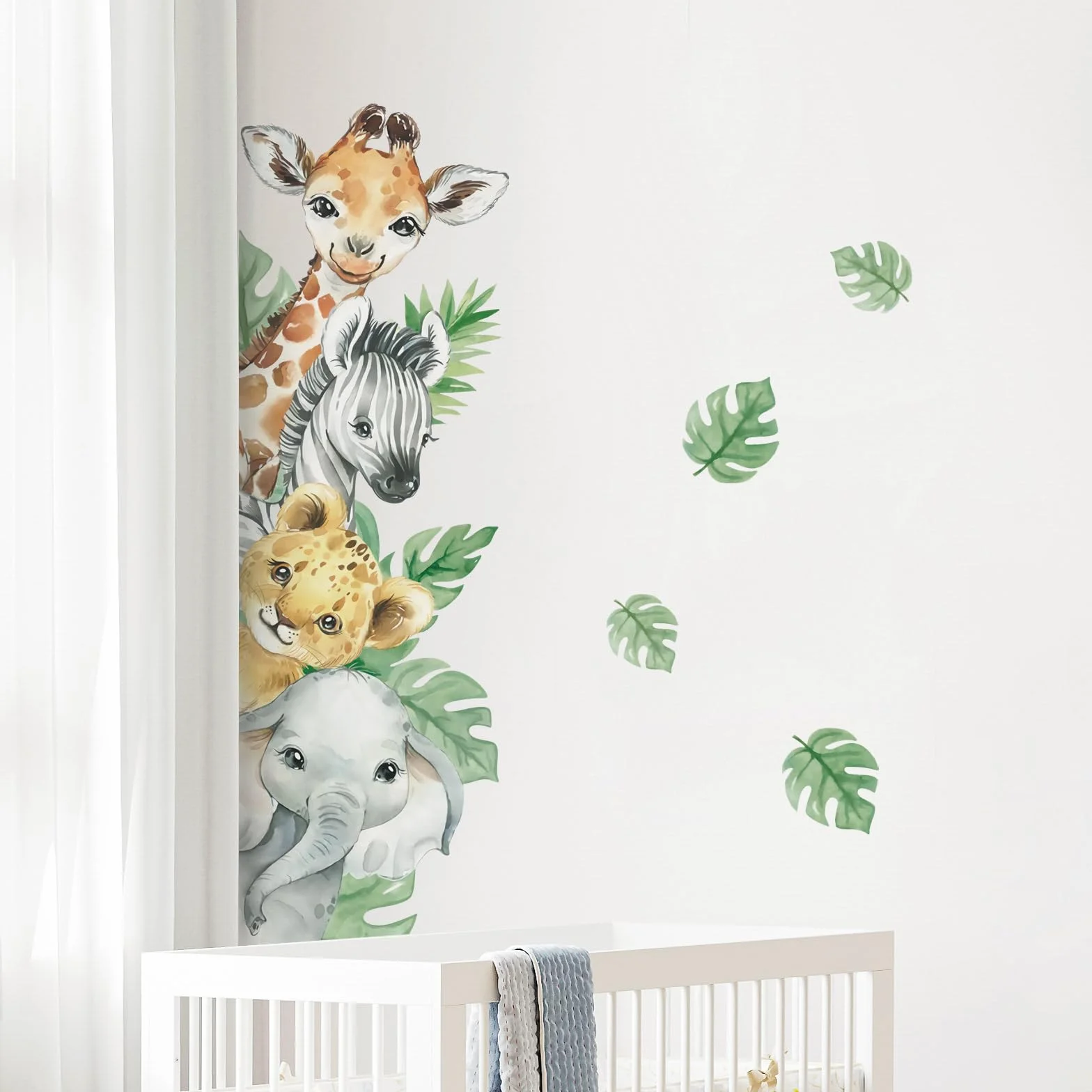 Tanlaby Stickers Muraux Animaux de la Jungle Autocollants Muraux Girafe Zèbre Feuilles Vertes pour Chambre Bébé Décoration Murale