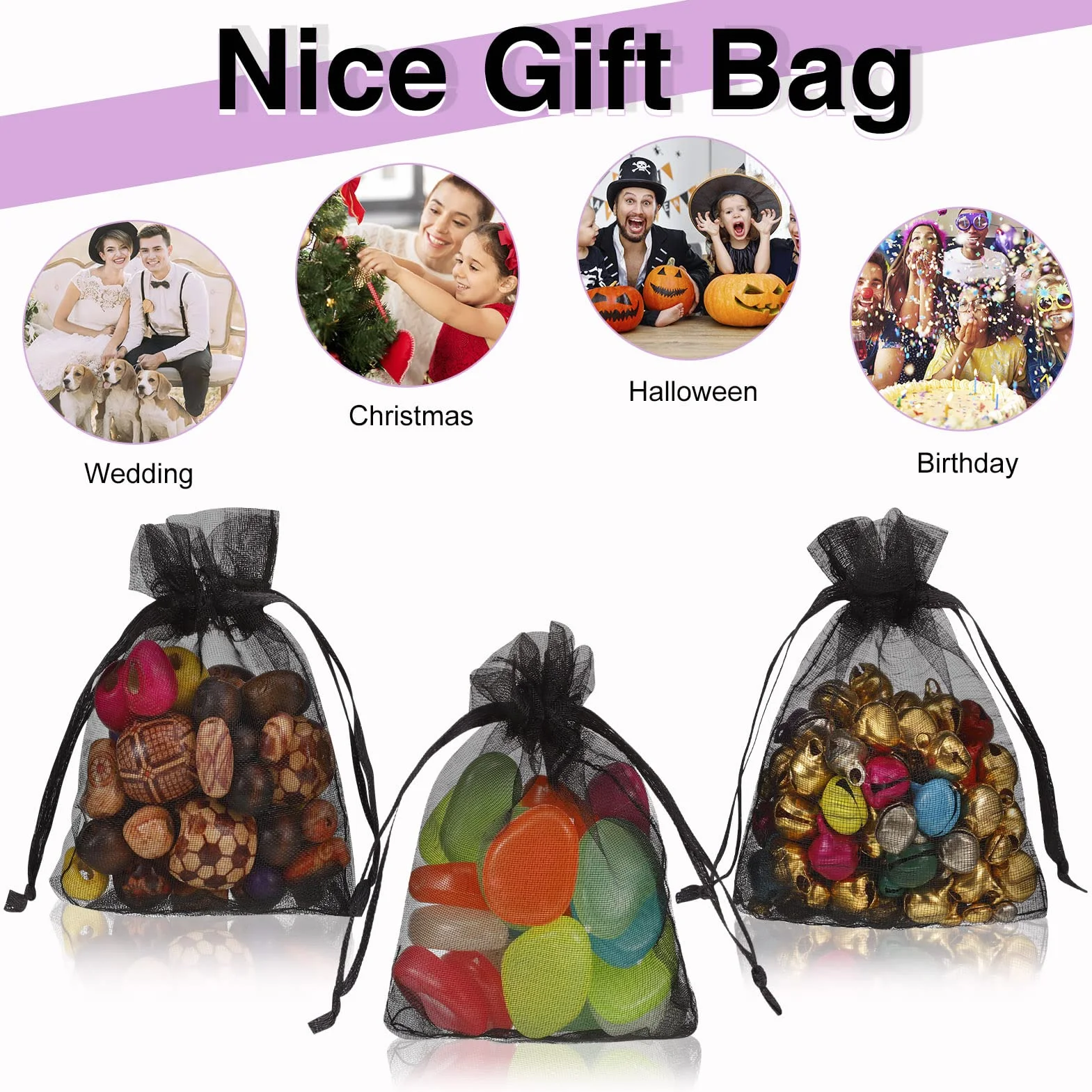 Sacs Organza Noir 7x9 cm Pochettes Cadeau avec Rubans pour Mariage Anniversaire