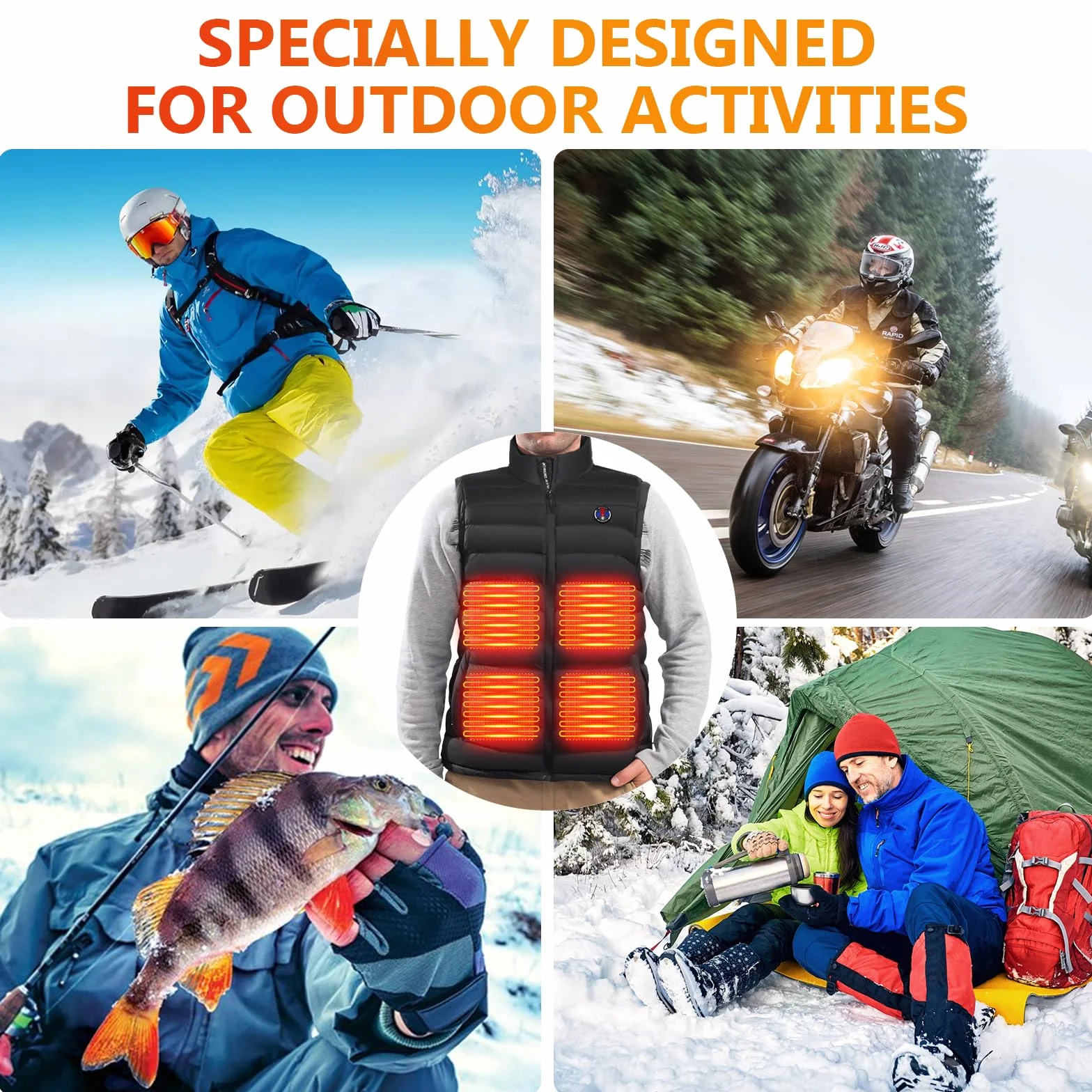 Tonfarb Gilet Chauffant Homme Veste Chauffante Batterie Rechargeable 7.4V 16000mAh USB 6 Zones Chauffage 3 Niveaux Température Moto Plein Air Randonnée