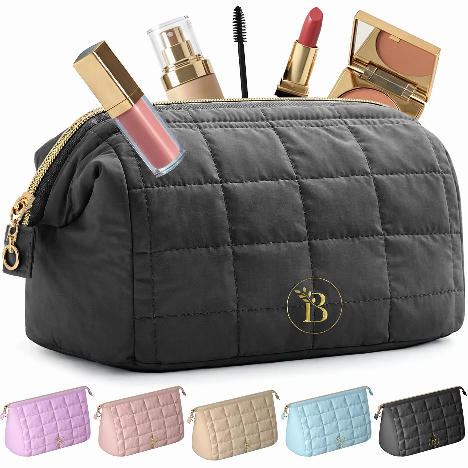 Trousse de Toilette Femme Noir Matelassée Grande Ouverture Organisateur Maquillage Voyage