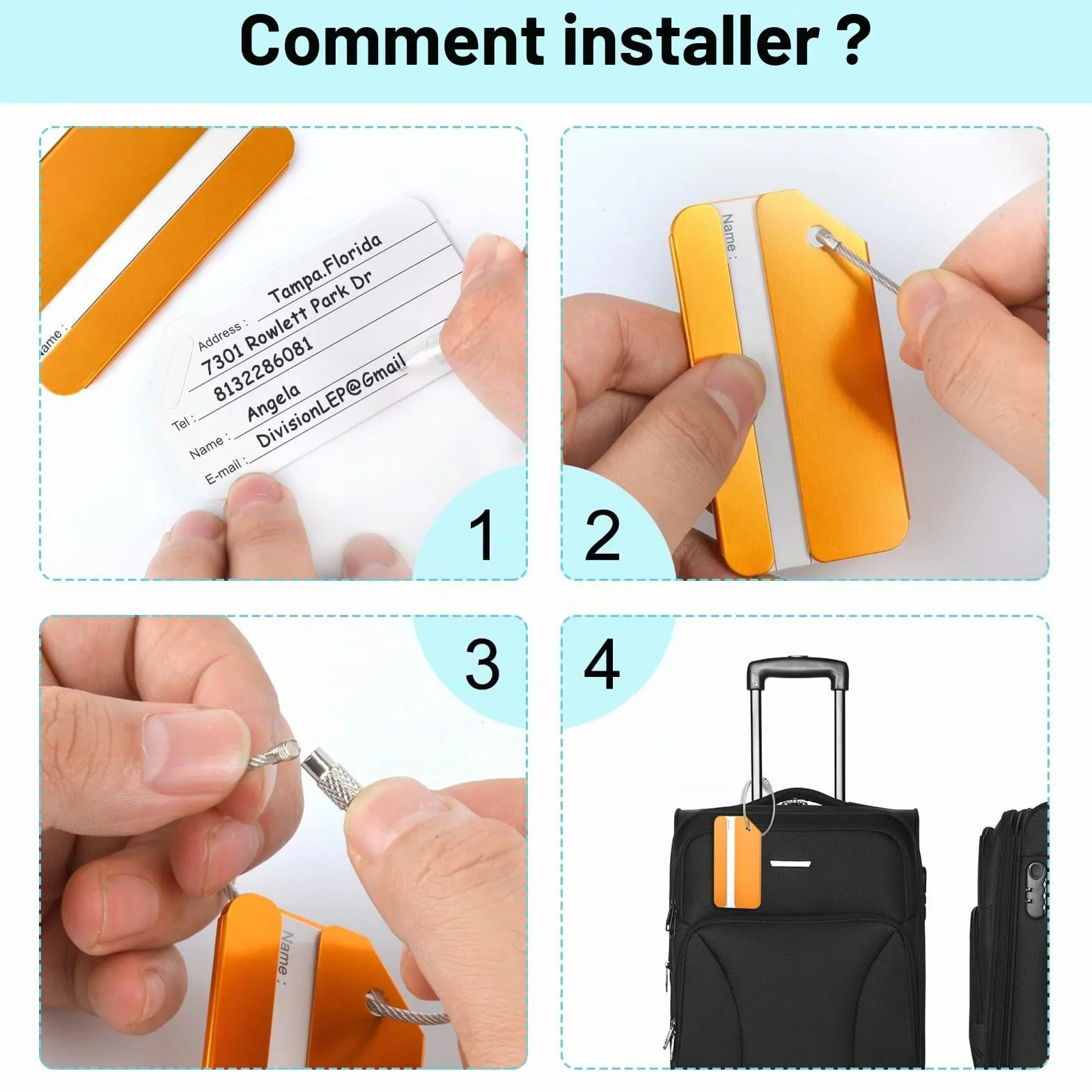 Étiquette Bagage en Alliage d'aluminium 6 Pièces avec Corde Acier Inoxydable Porte-nom pour Valise